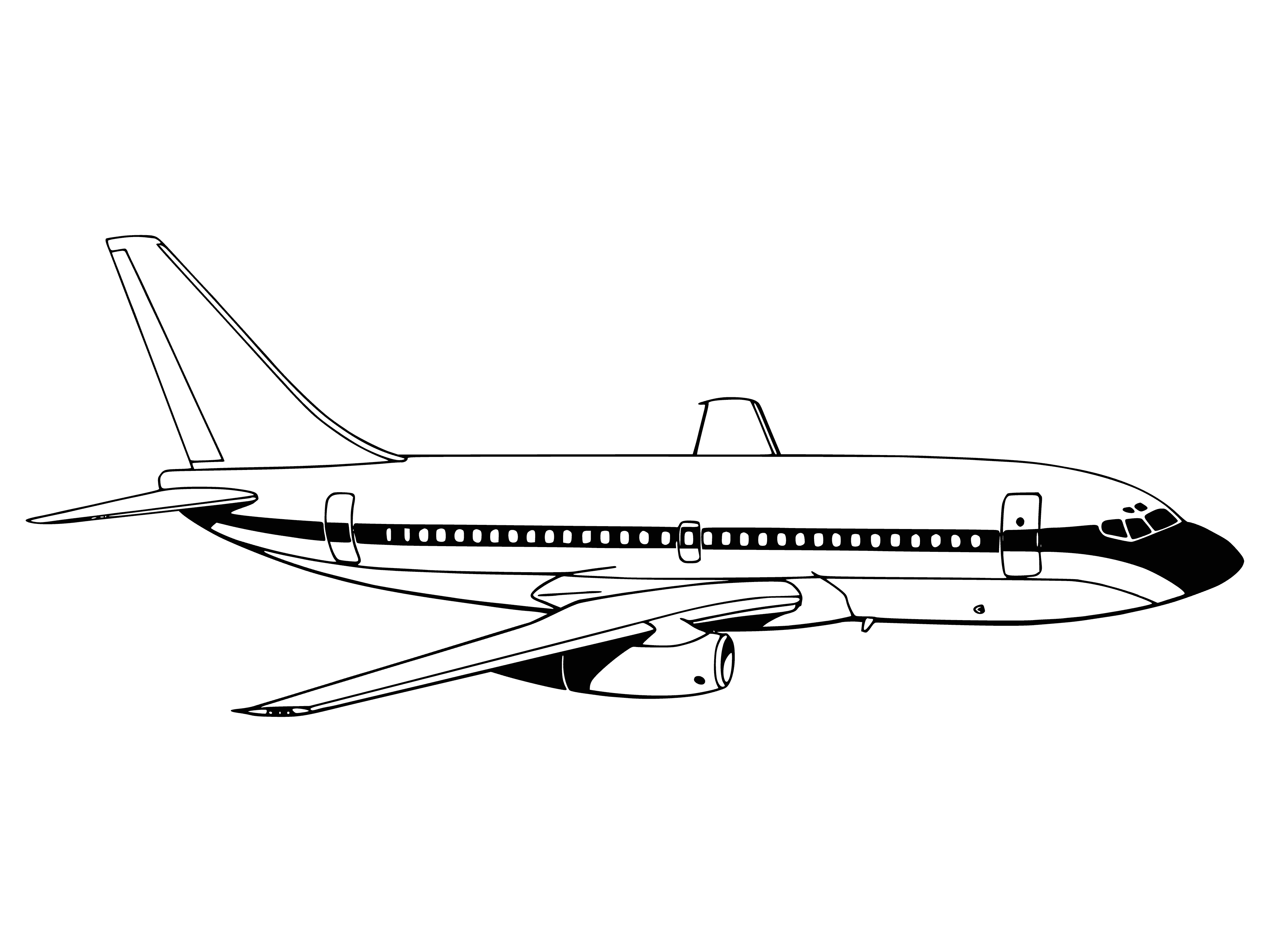 coloring page: A white passenger plane with 2 engines, tall skinny tail, and many windows along the sides. #planes #colorpage