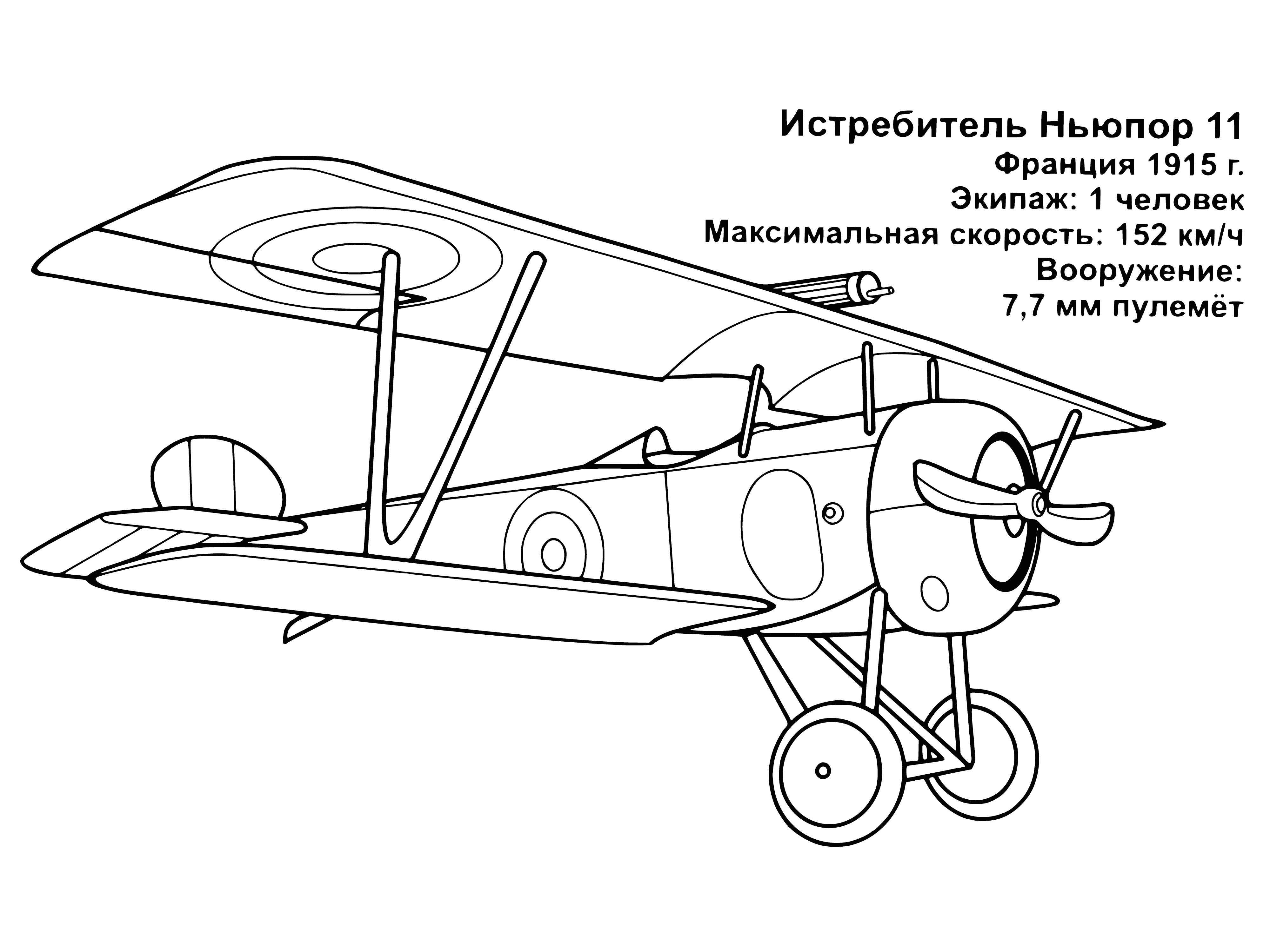 coloring page: Coloring page of a 1915 French fighter plane with single prop, wings, 2 sets of double vertical stabilizers, 2 sets of wheels, & 2 machine guns mounted at the front.