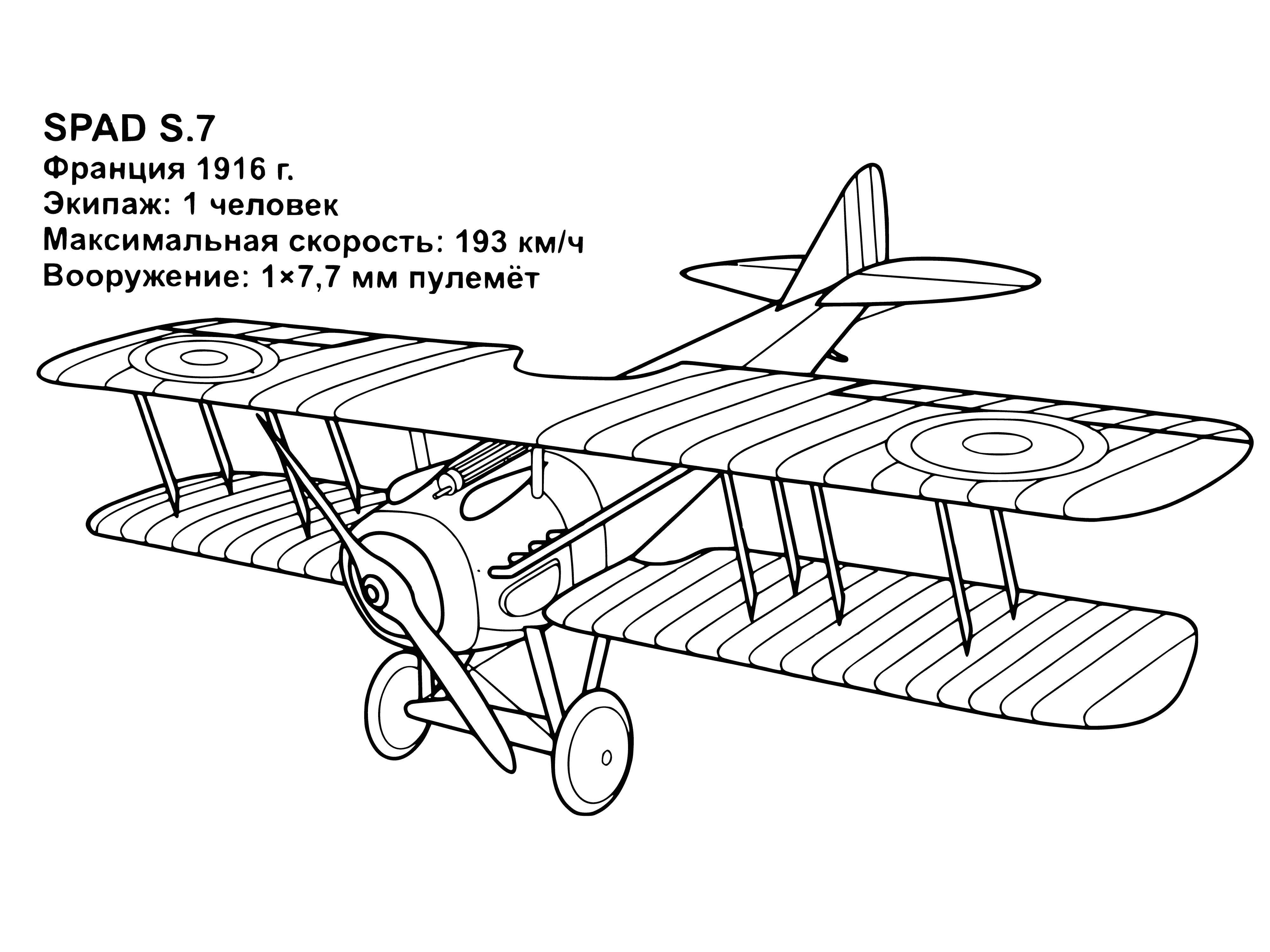 coloring page: Plane from 1916 with two sets of wings, two propellers, and a tail. Appears to be on a runway. #aviationhistory