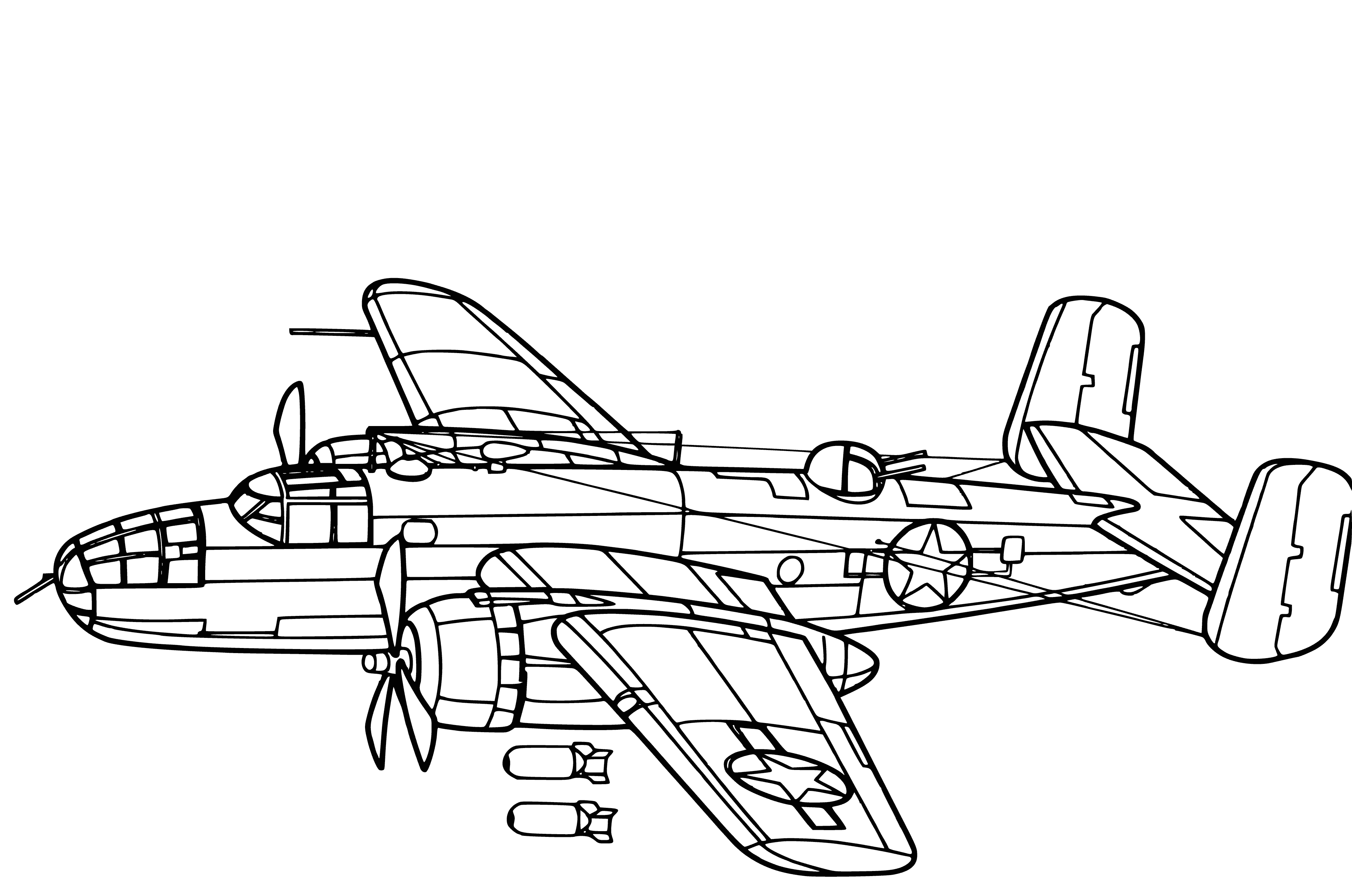 coloring page: U.S. WWII bomber B-25D, named after General Billy Mitchell, is a twin-engined plane with 10 .50 cal machine guns and a 3,000 pound bomb capacity.