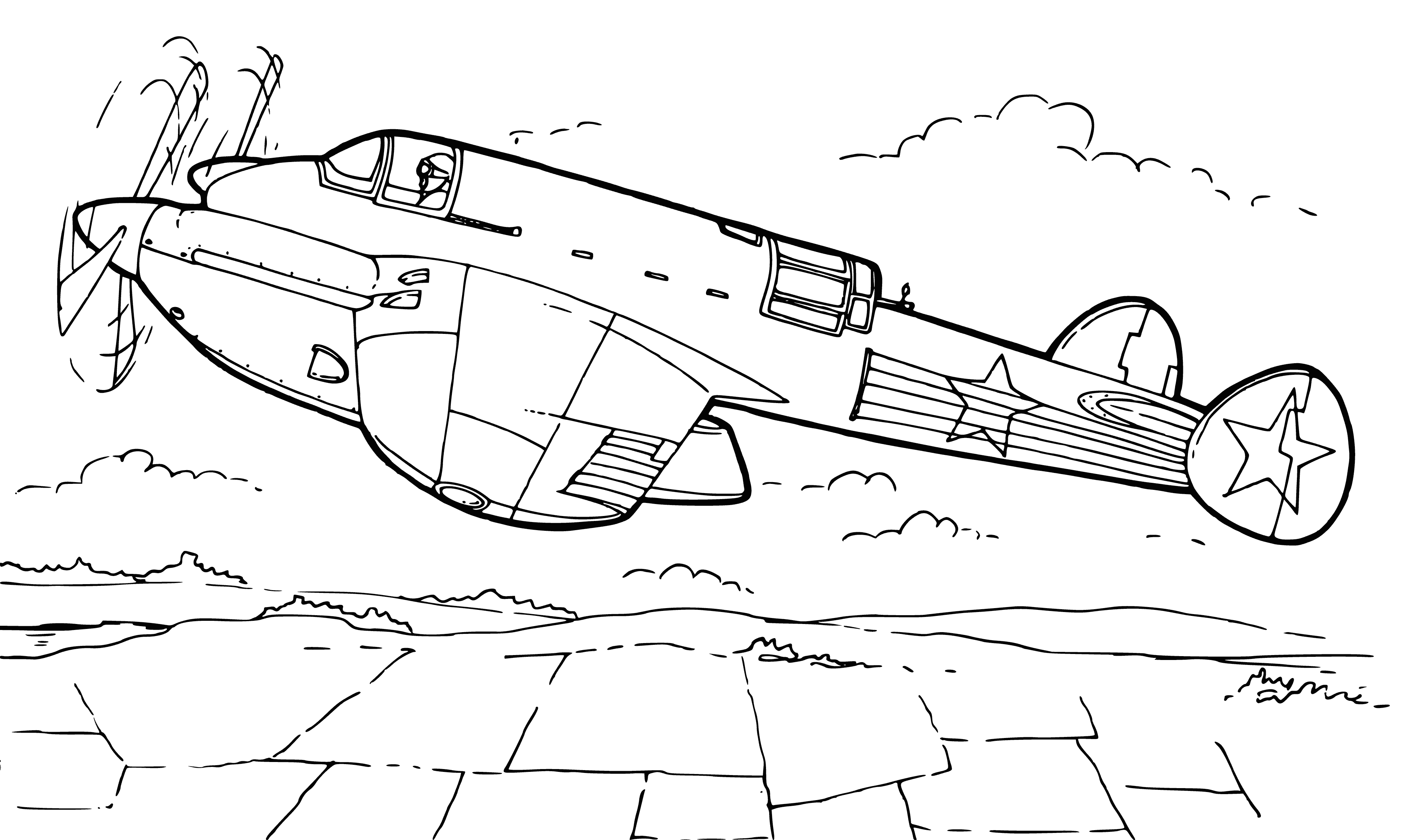 coloring page: High-speed scout plane w/ long, thin wingspan. Sleek, streamlined body & elevated tail, w/ two large engines & visible jets. Flying fast.
