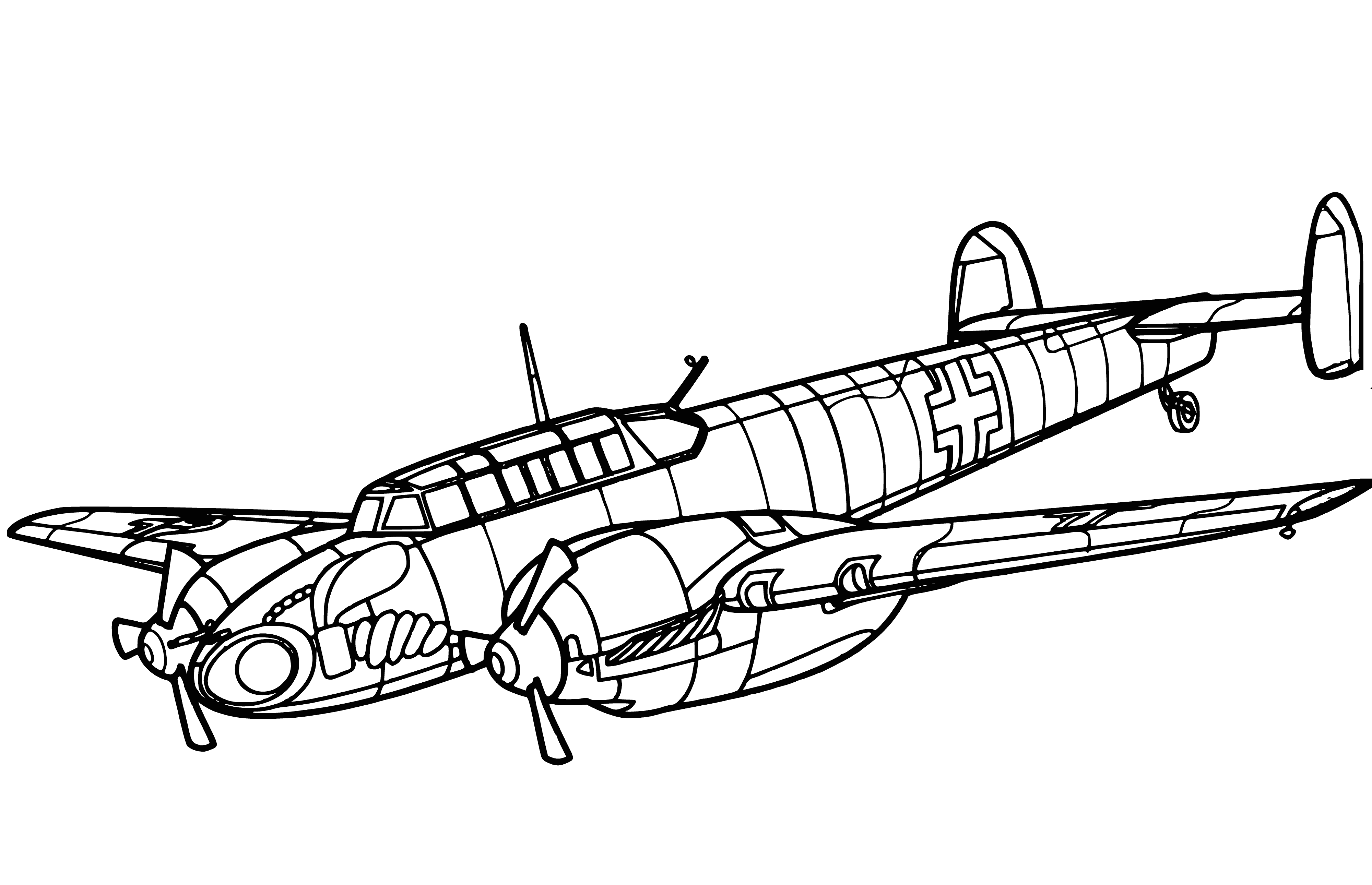 coloring page: German WWII fighter, Messerschmitt Bf 100 had a single engine, wing cannons and high speed, making it one of fastest fighters of its time.