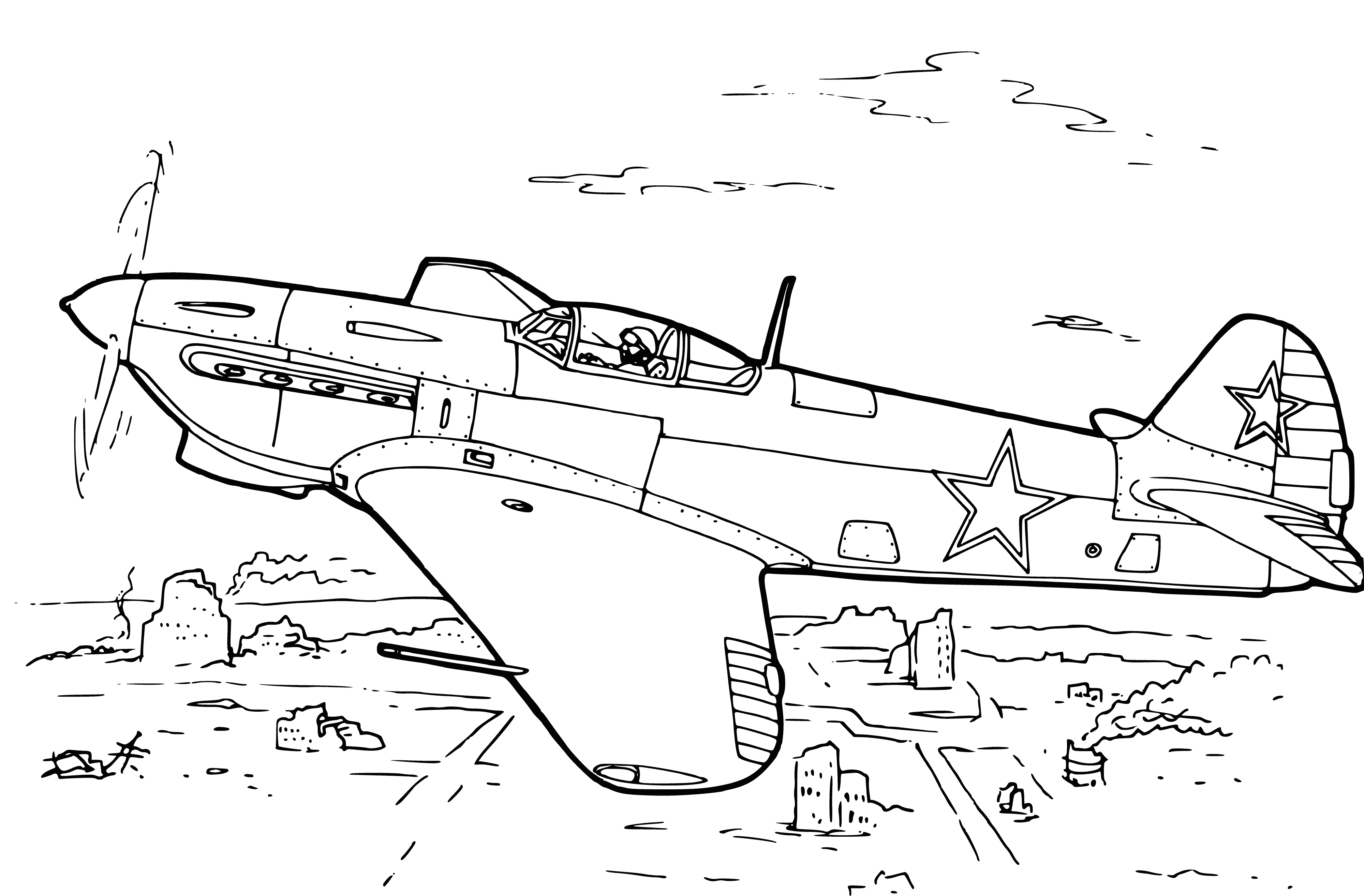 coloring page: A gray airplane with a long nose & downward angled wings flying with a pilot in the cockpit & bombs under the wings. #aviation