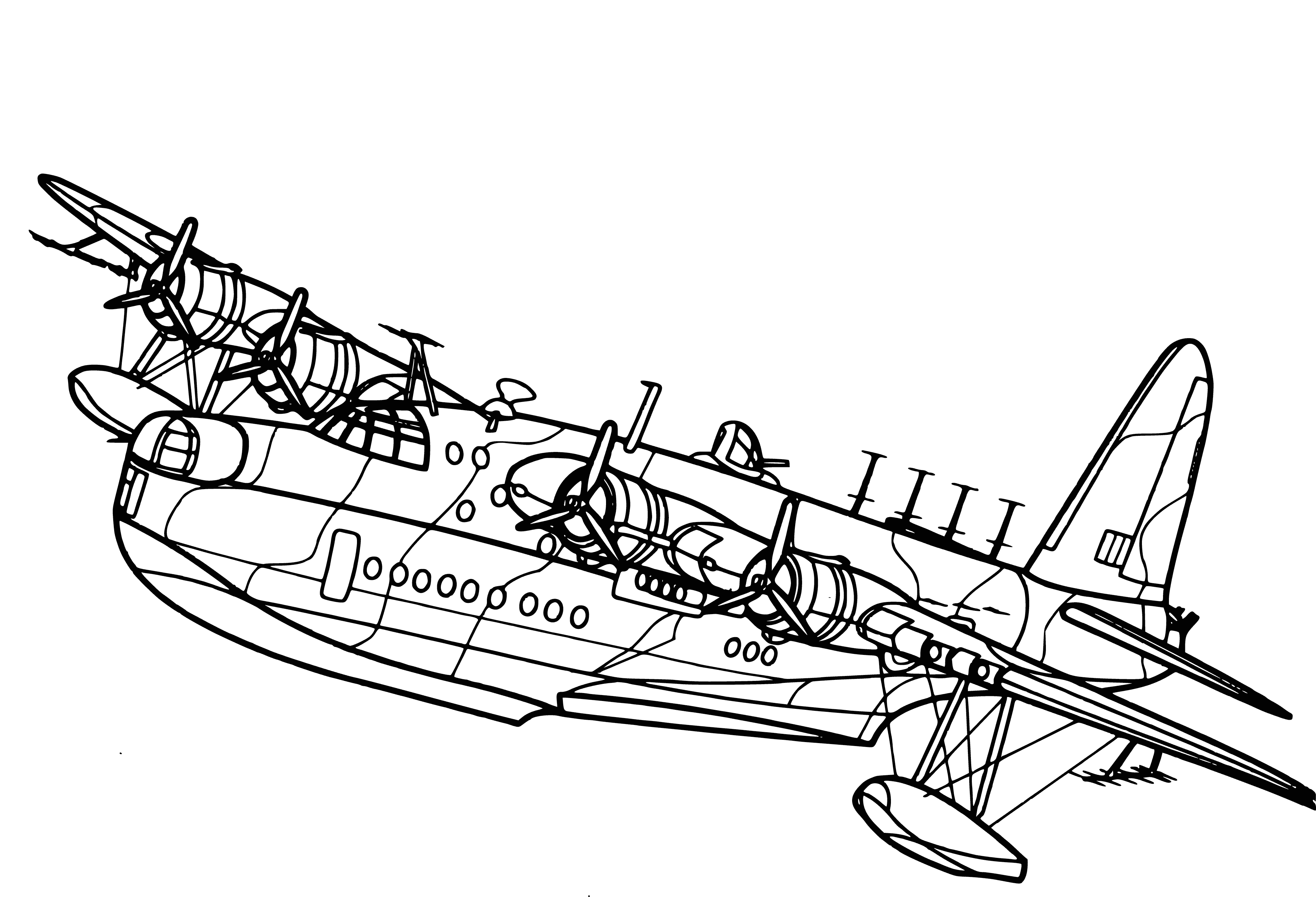 coloring page: Coloring page of a British Sunderland bomber with 4 engines, wings & tail with fin & rudder, plus 3 turrets & machine guns.