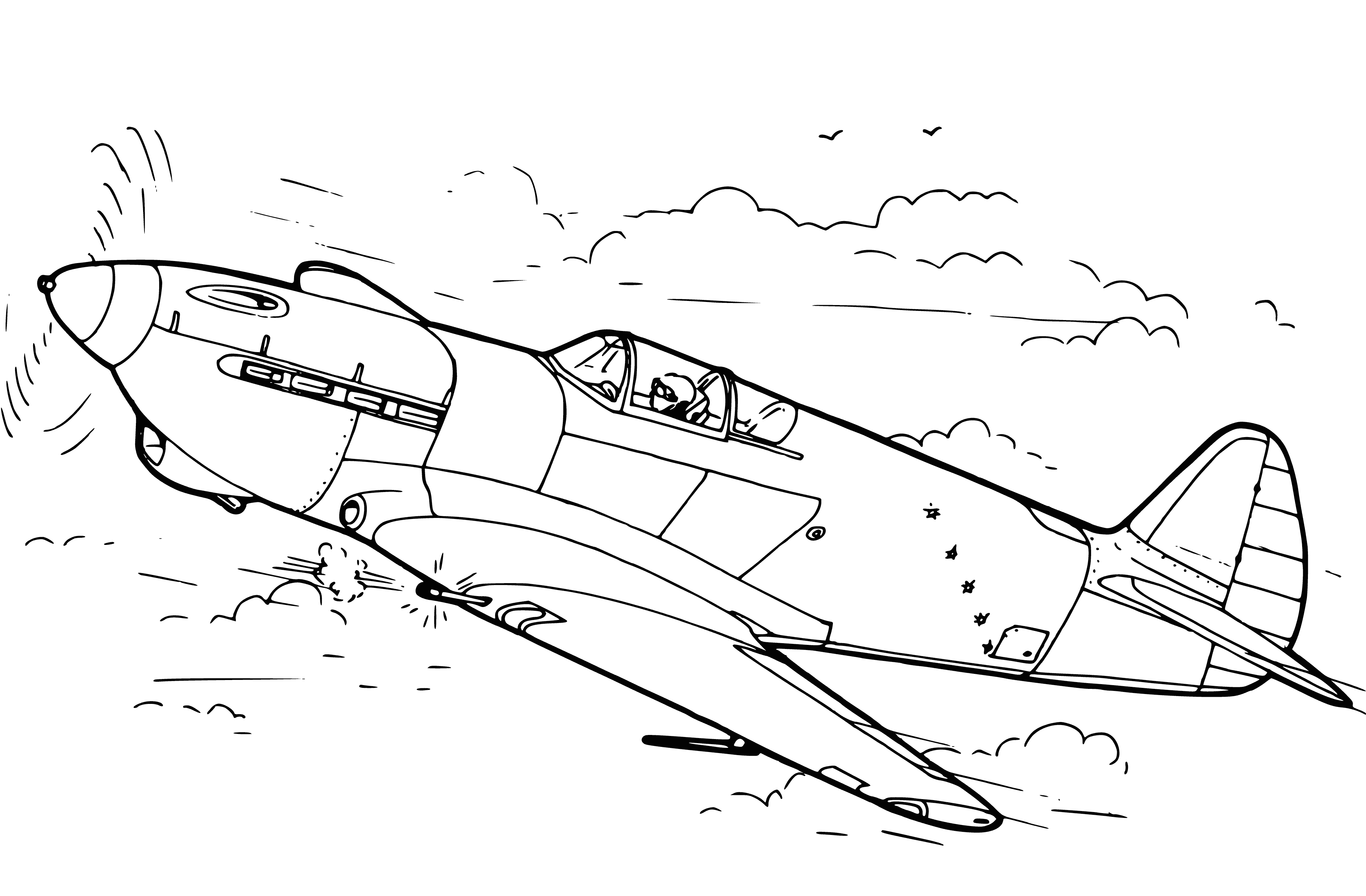 coloring page: Silver plane with red & blue stripes, two engines, missiles under wings.
