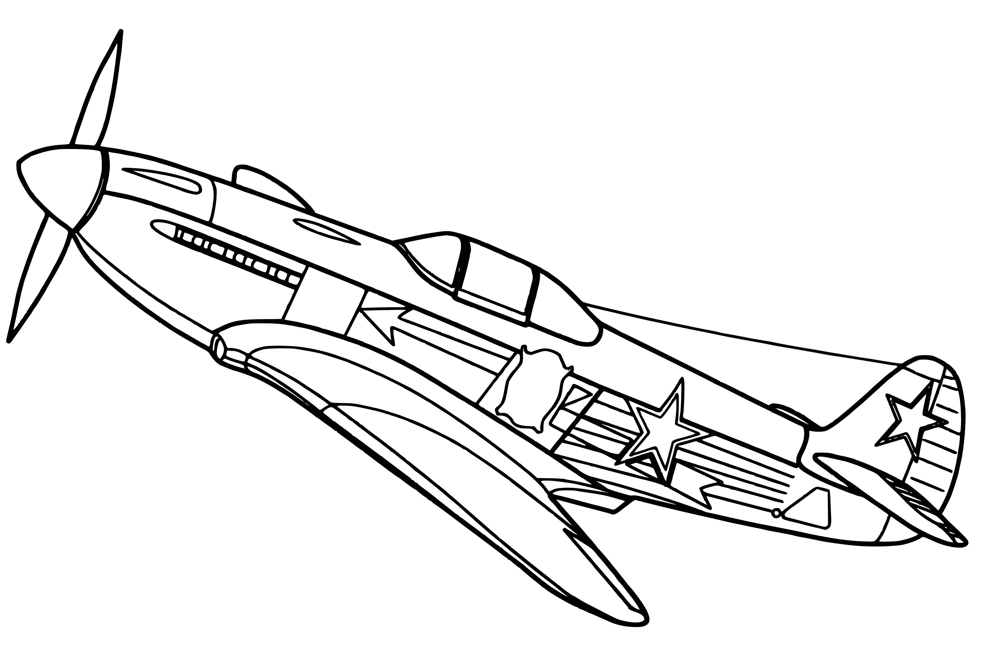 coloring page: WWII-era Soviet Yak-3 fighter plane: used as interceptor, escort fighter & ground-attack; noted for maneuverability & high altitude performance.