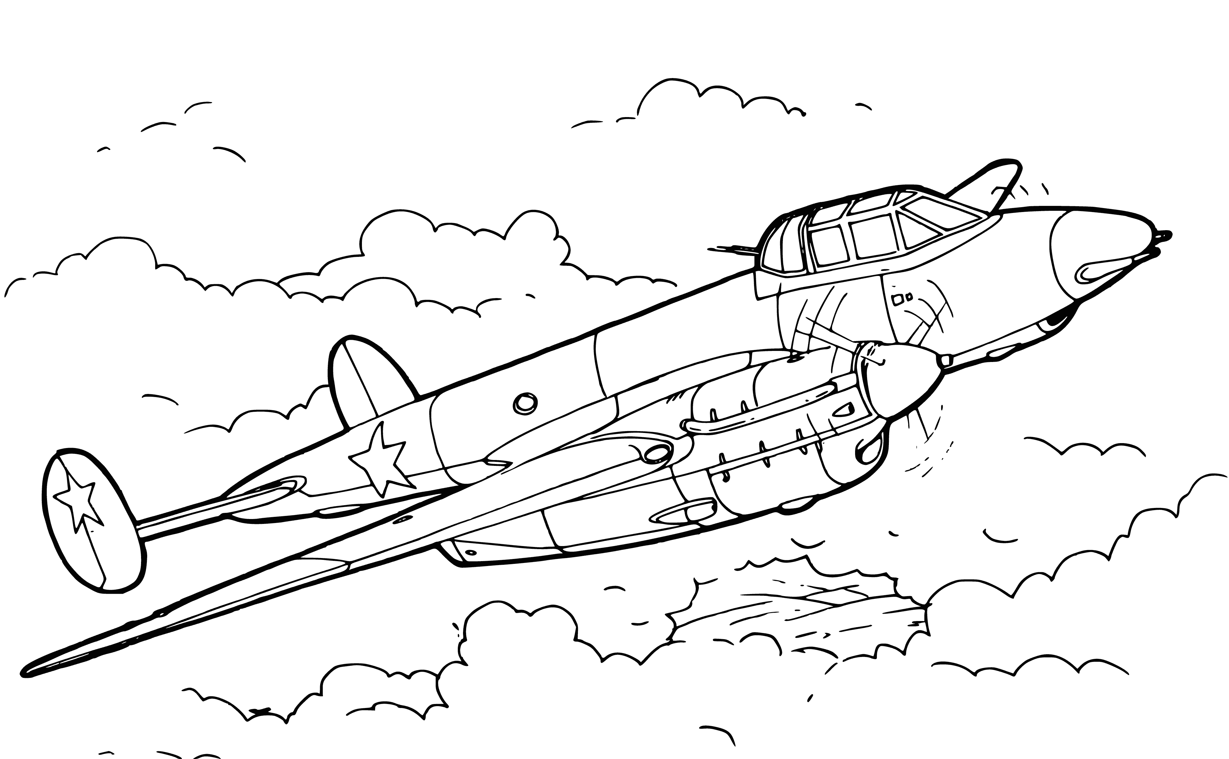 coloring page: WW2 Soviet Pe-3 bis fighter aircraft developed from Pe-3 with Klimov M-107 engine & 4-bladed propeller; armed with 3 23mm cannon & 2x100kg bombs.