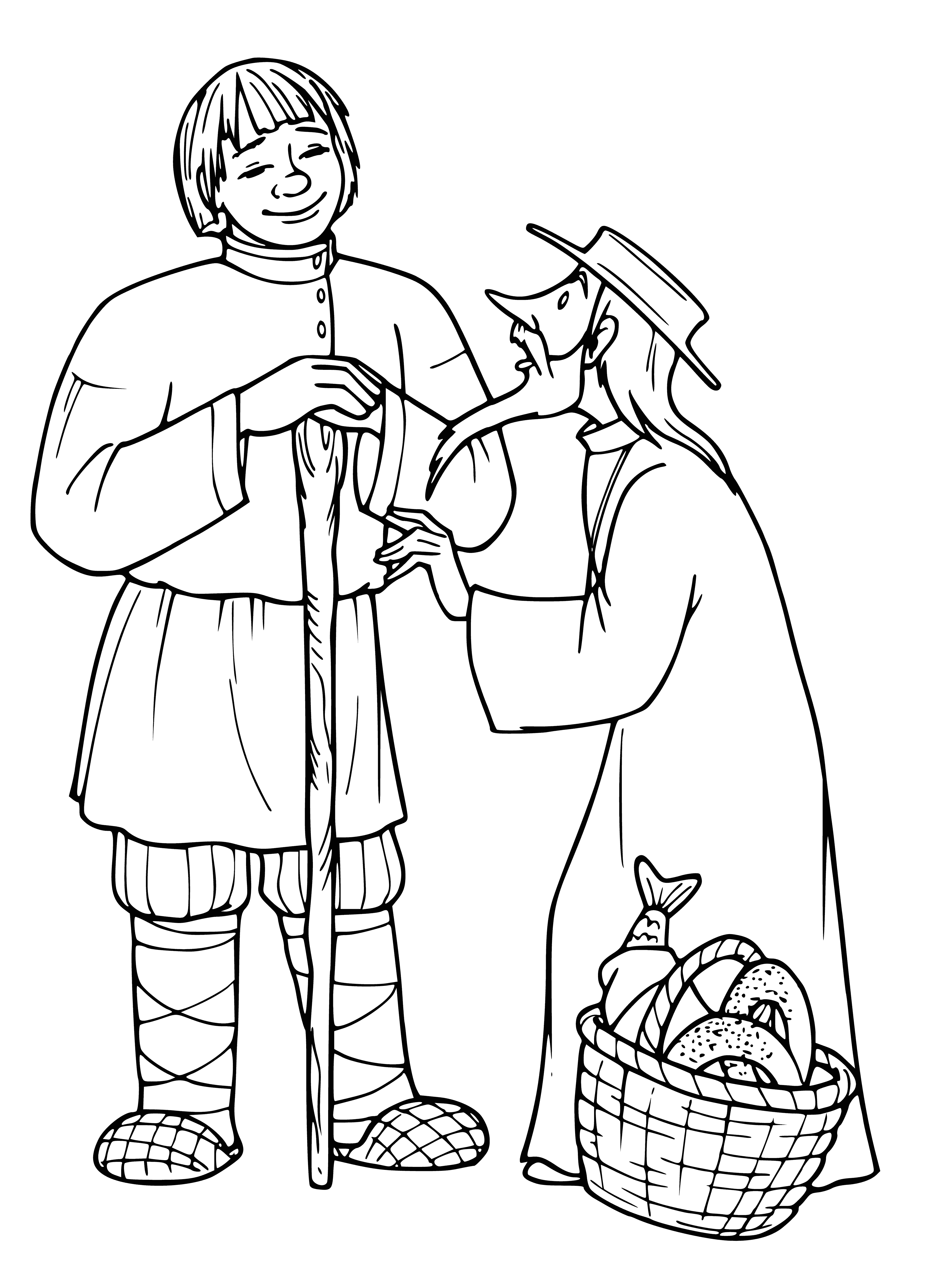 coloring page: Man stands ragged and desperate, holding a broom and a bucket. He has a long, thin face and light hair. Looks poor.