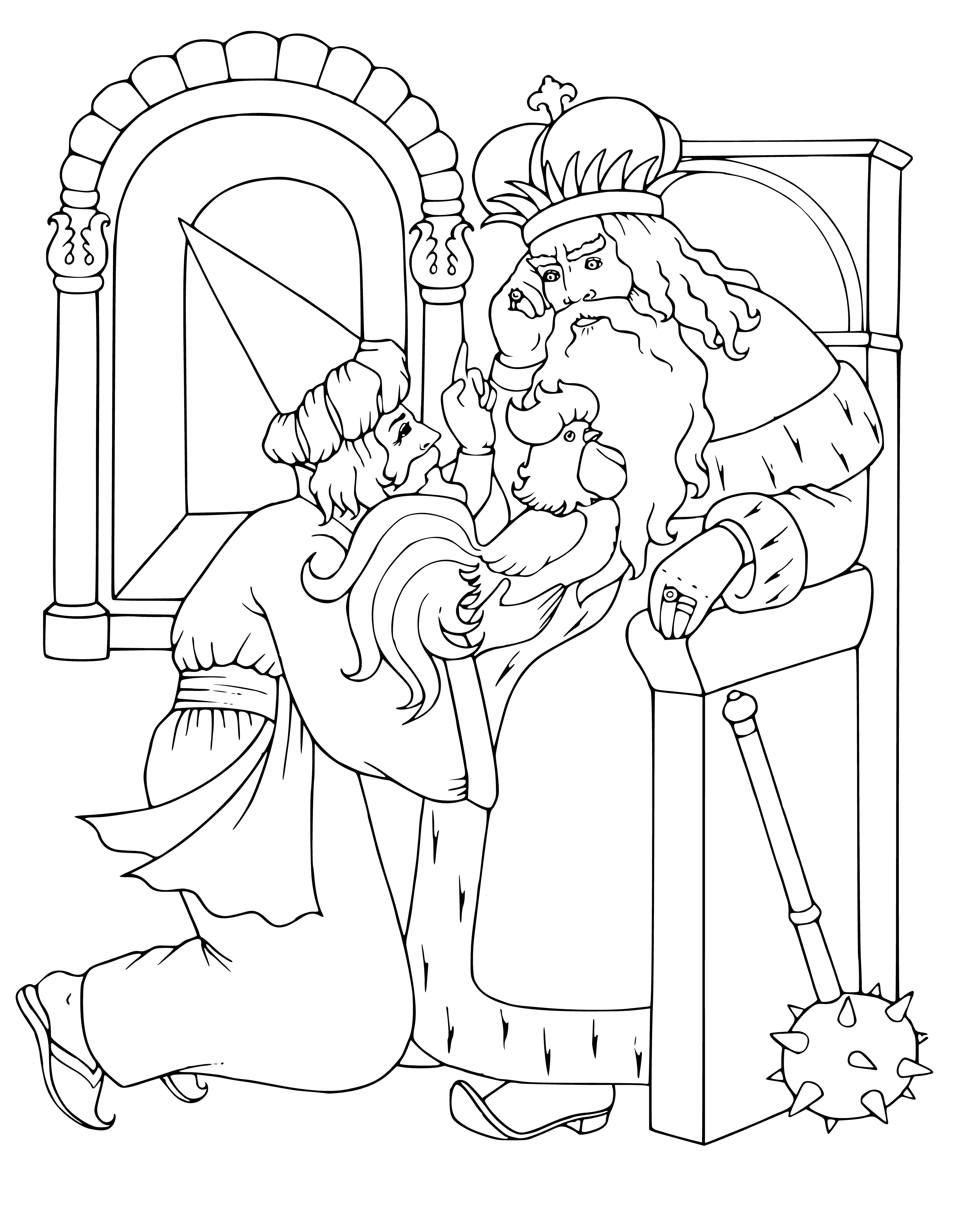 coloring page: Astrologer gives King Dadon golden cockerel; King sits on throne with crown & sceptre, wearing red robe & fire burning behind them.