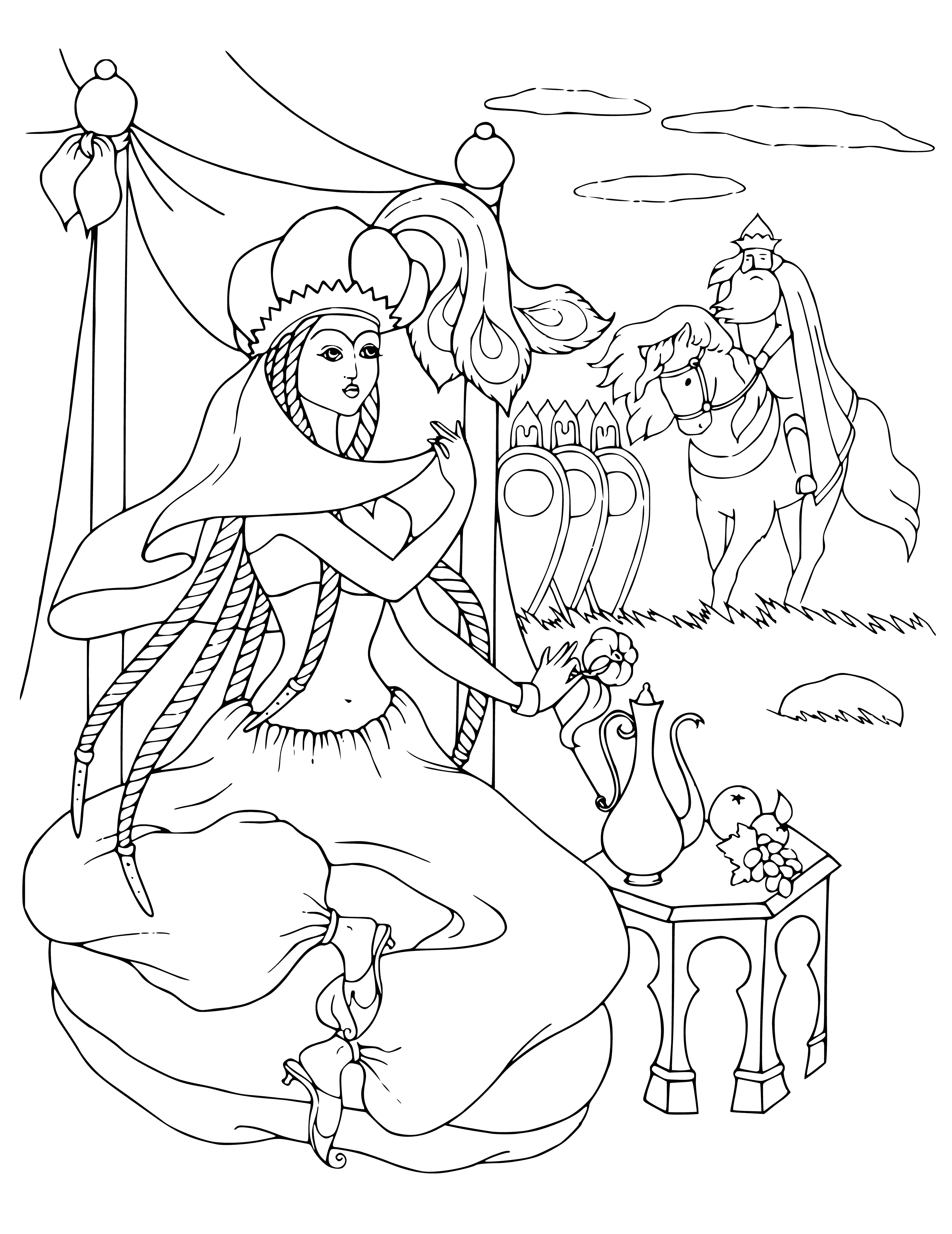 coloring page: An aloof Shamakhan queen poses with a luxurious carpet, intricate veil, and golden statue, looking bored.