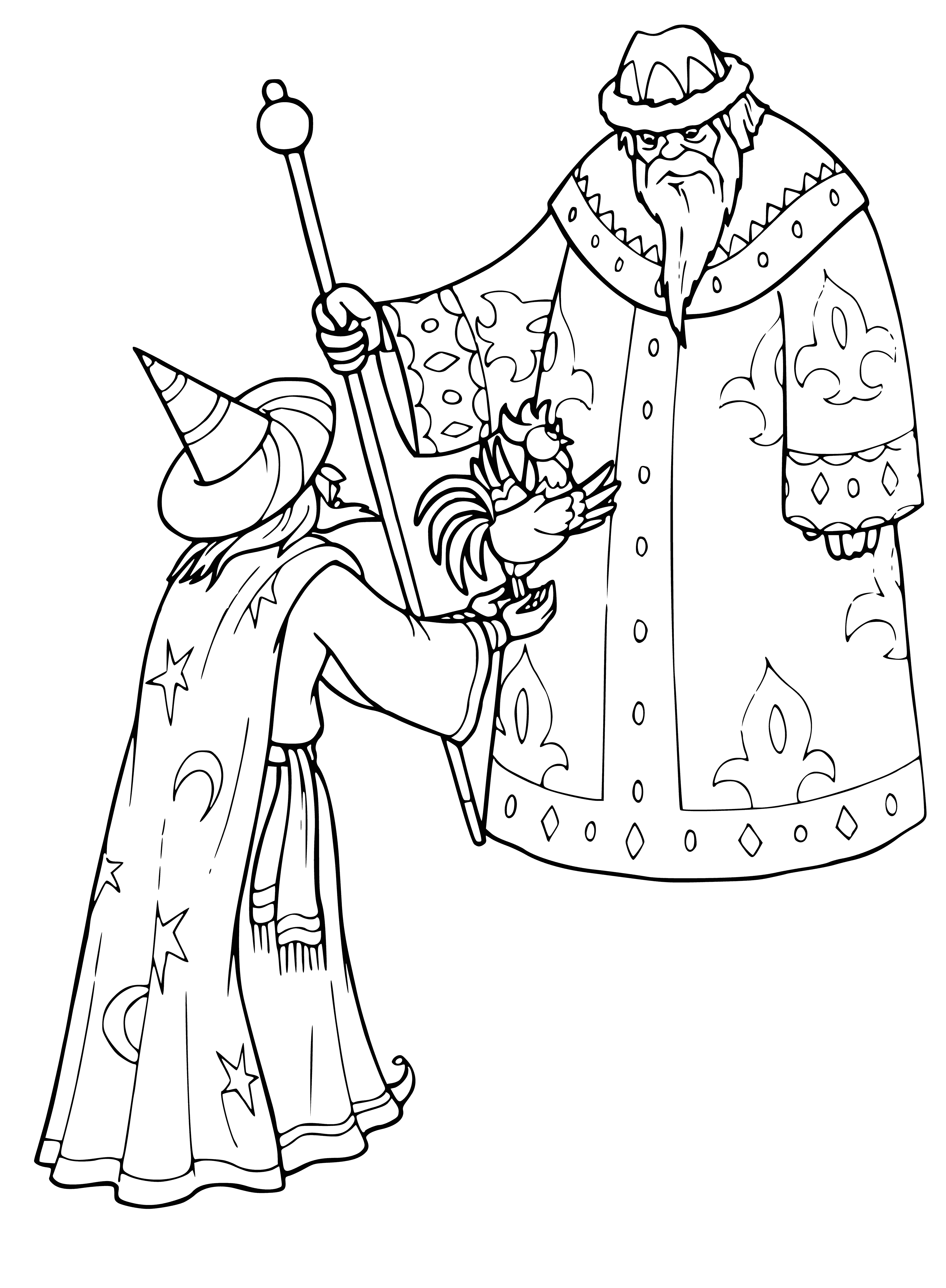 coloring page: Young man in light coat & 3-cornered hat looks through telescope. Bearded man observes him in blue coat in background.