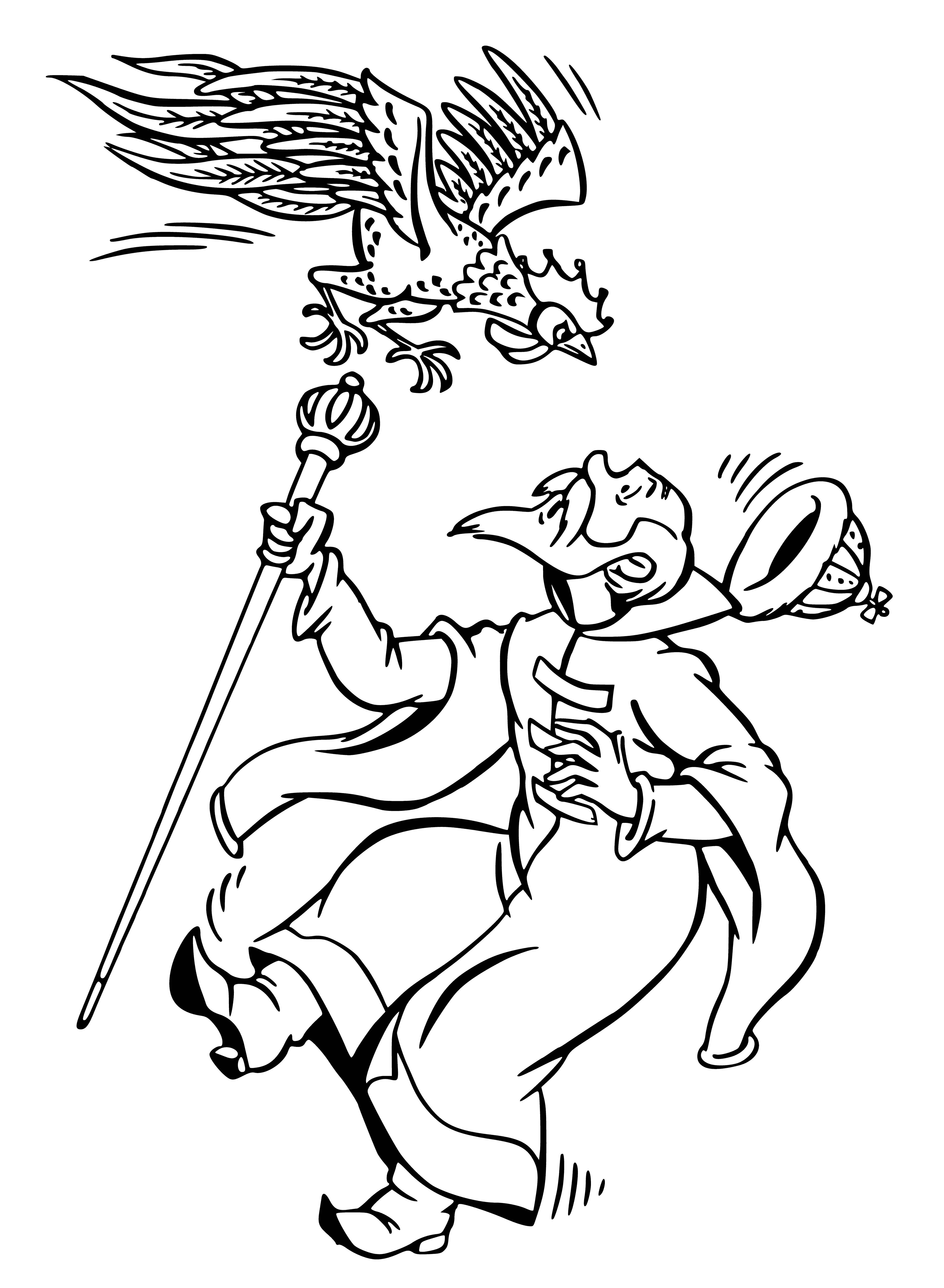 coloring page: Cock pecking at crown of sleeping/dead king, crowing over him.
