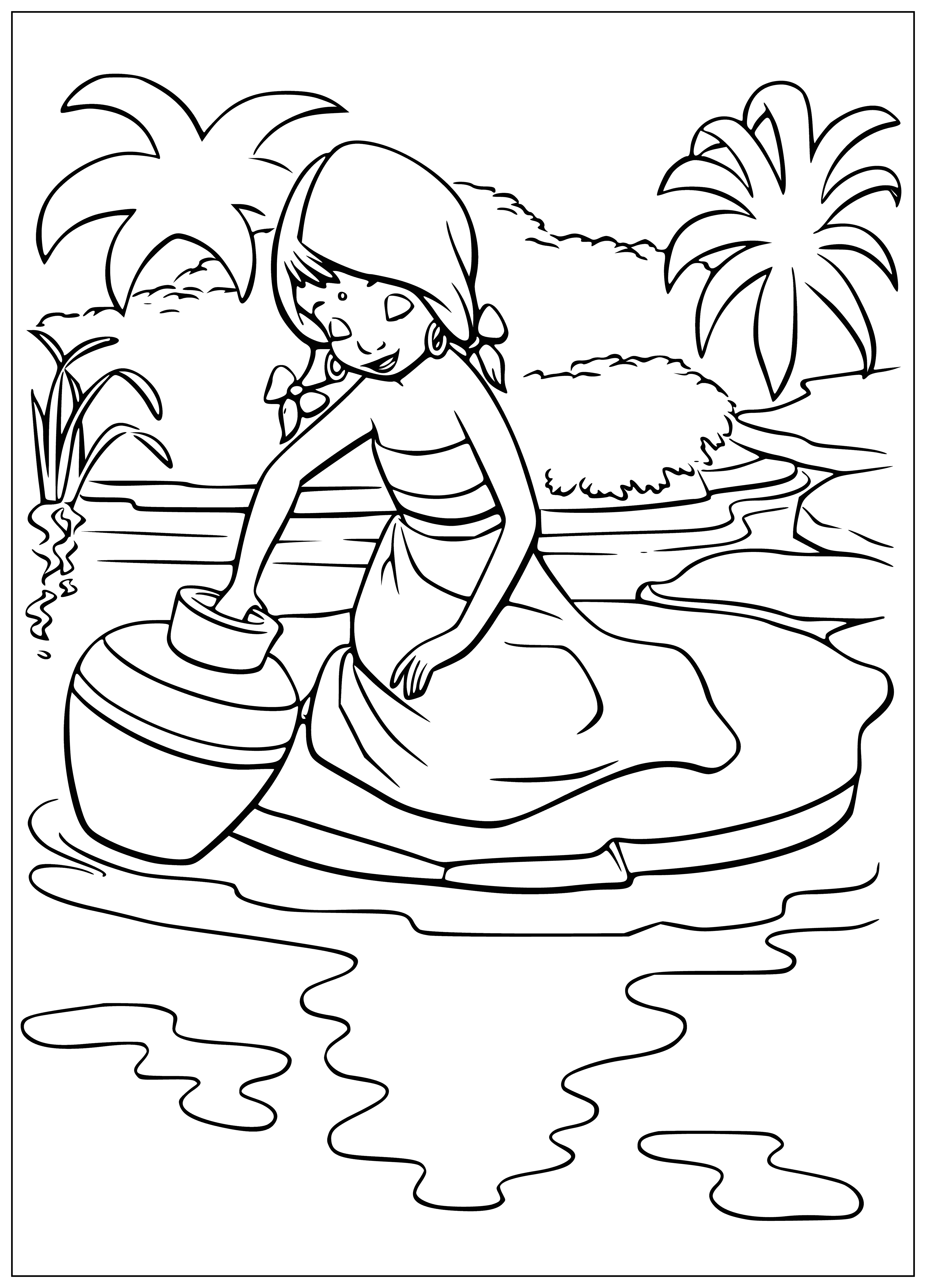 coloring page: A light green snake coils in the water, eyes closed, tongue sticking out.