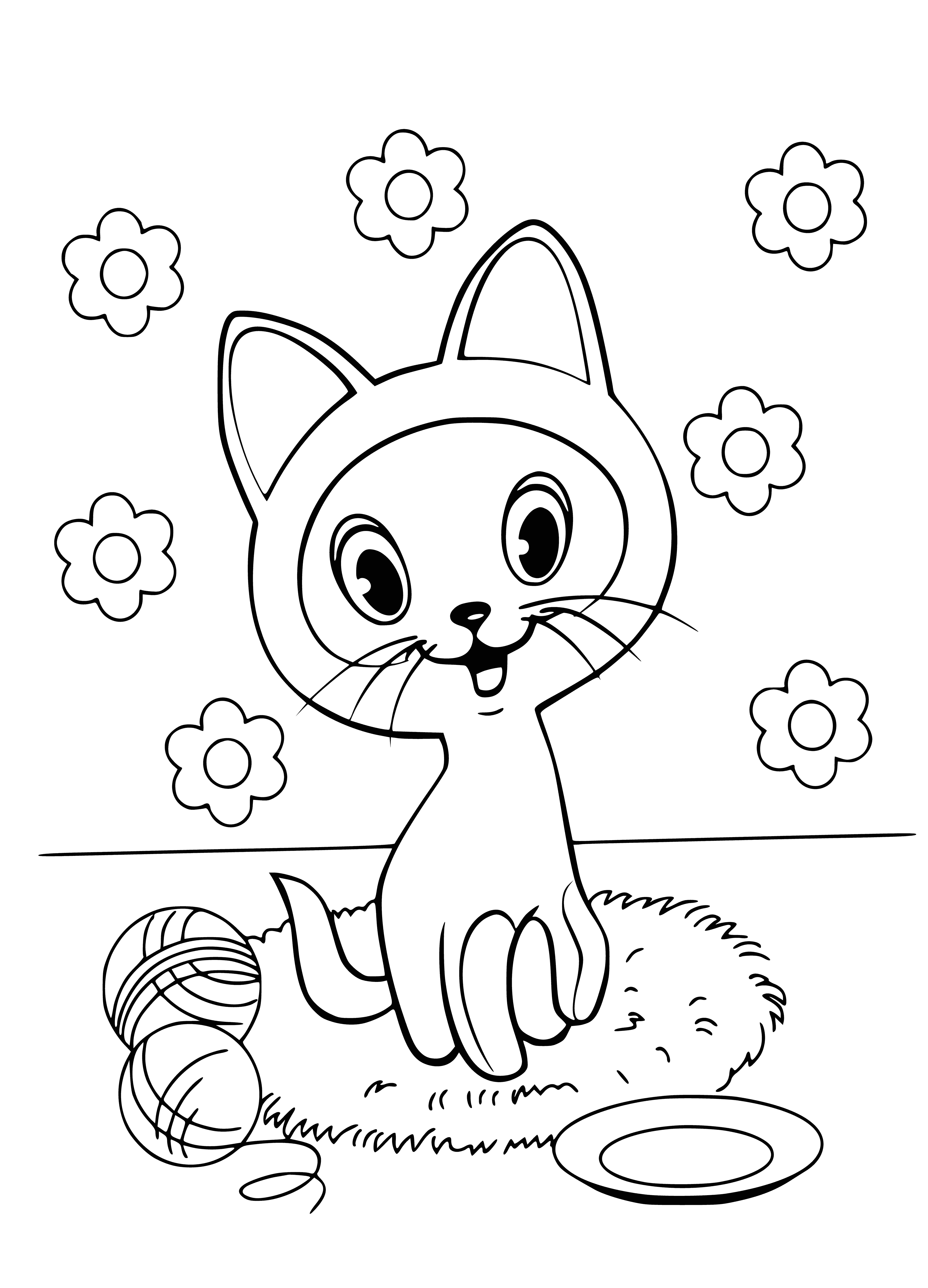 coloring page: Cute light-gray kitten w/ blue eyes, white chin, chest & belly, sitting in pale-pink Clew.