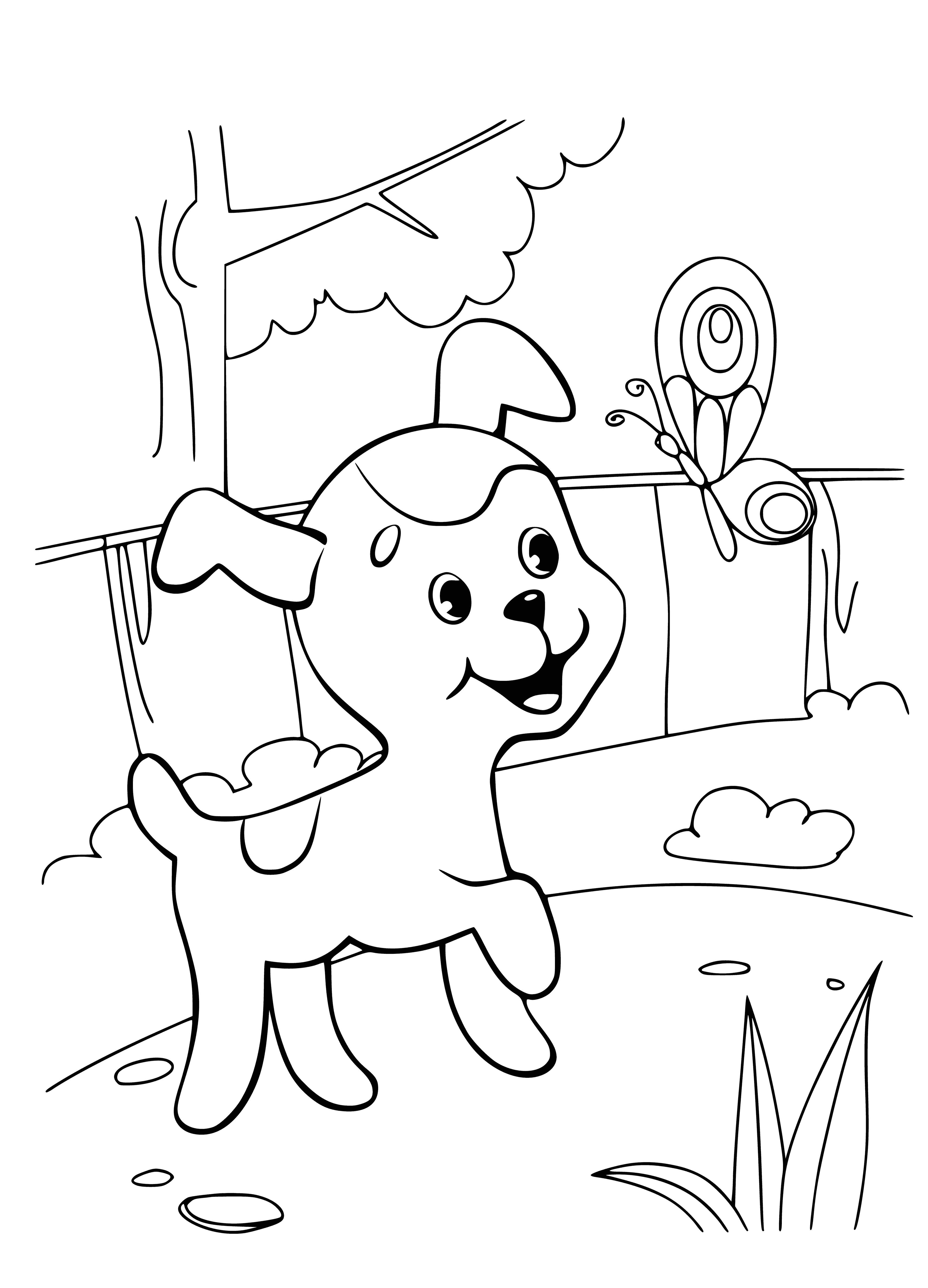 coloring page: Kitten and puppy play, kitten batting red ball that puppy chases.