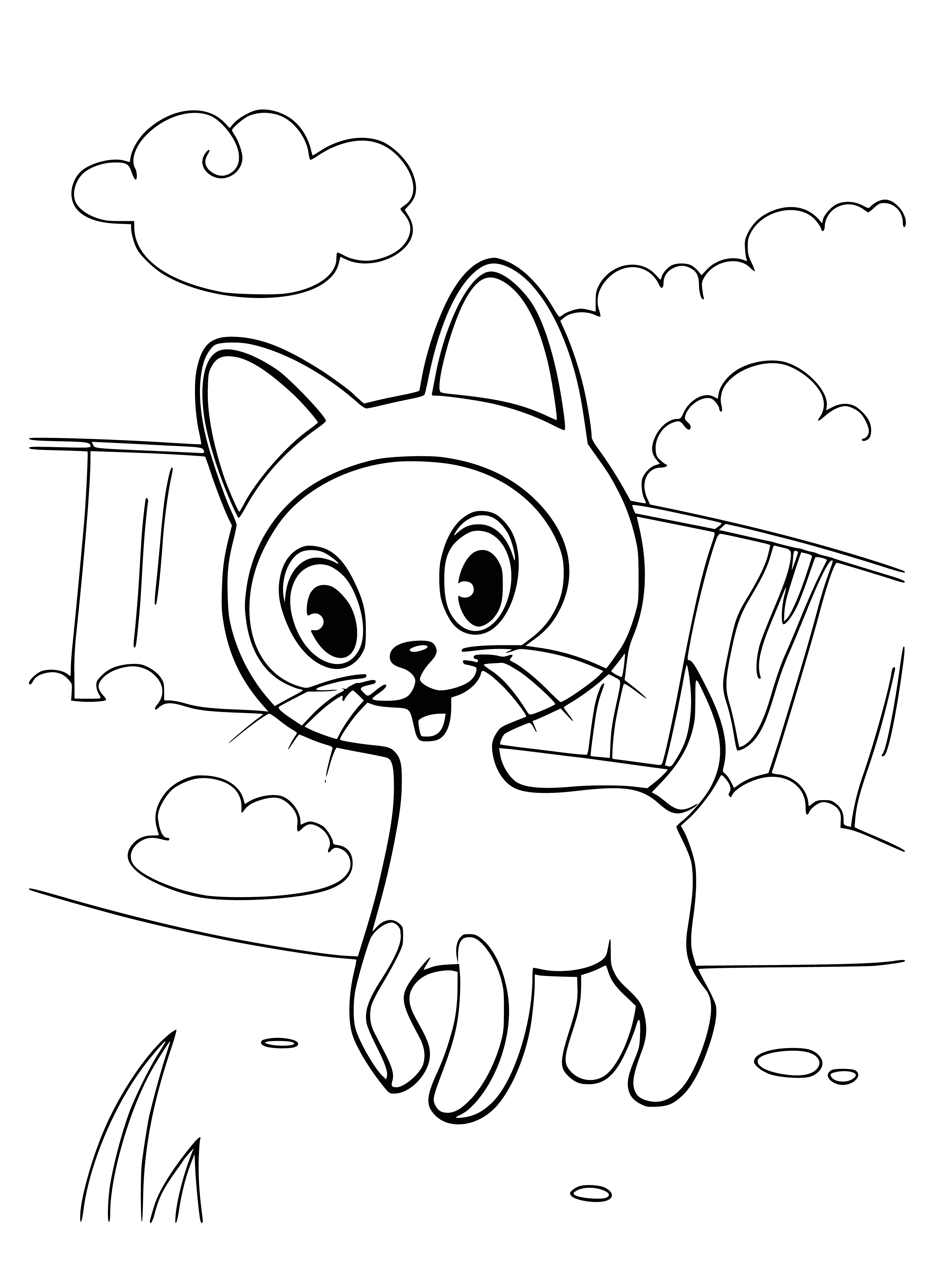 coloring page: Tabby kitten sits on a patch of grass, round face with big ears and bright green eyes, looking away from viewer.