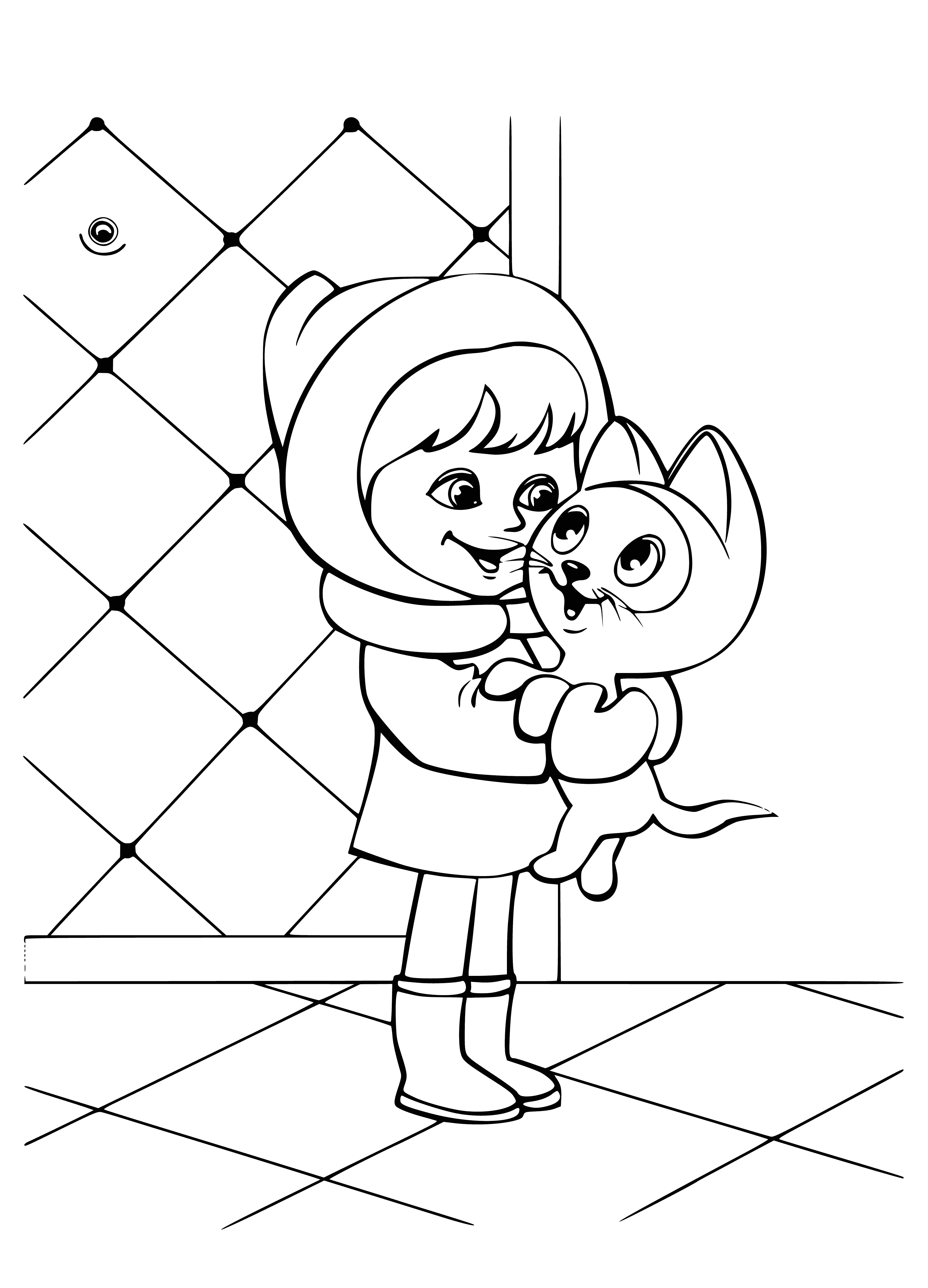 coloring page: Girl holds a kitten, light brown with a black nose, looking up with green eyes. Girl smiles, eyes closed.