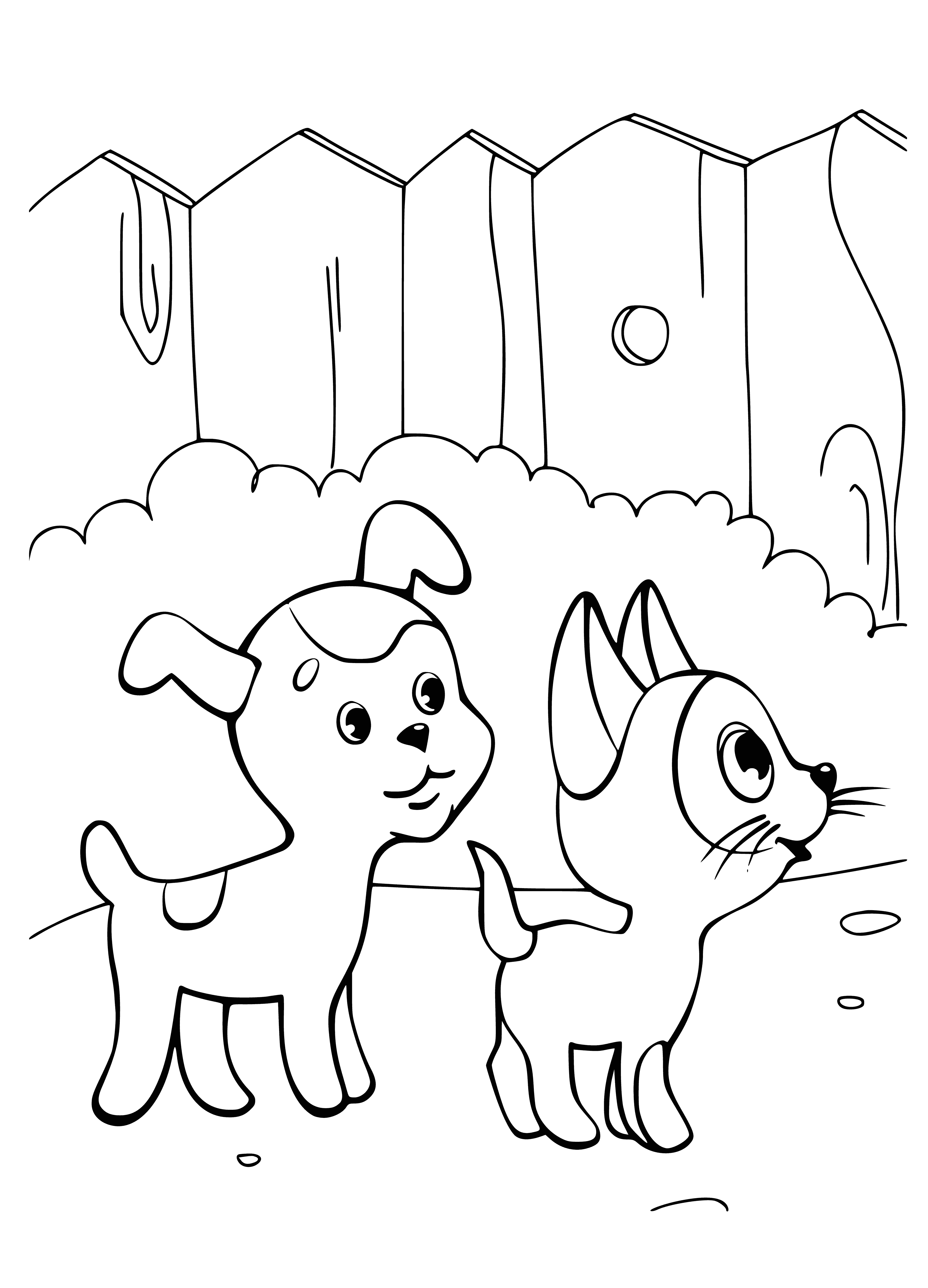 coloring page: Small brown kitten & white puppy happily content on a green chair.