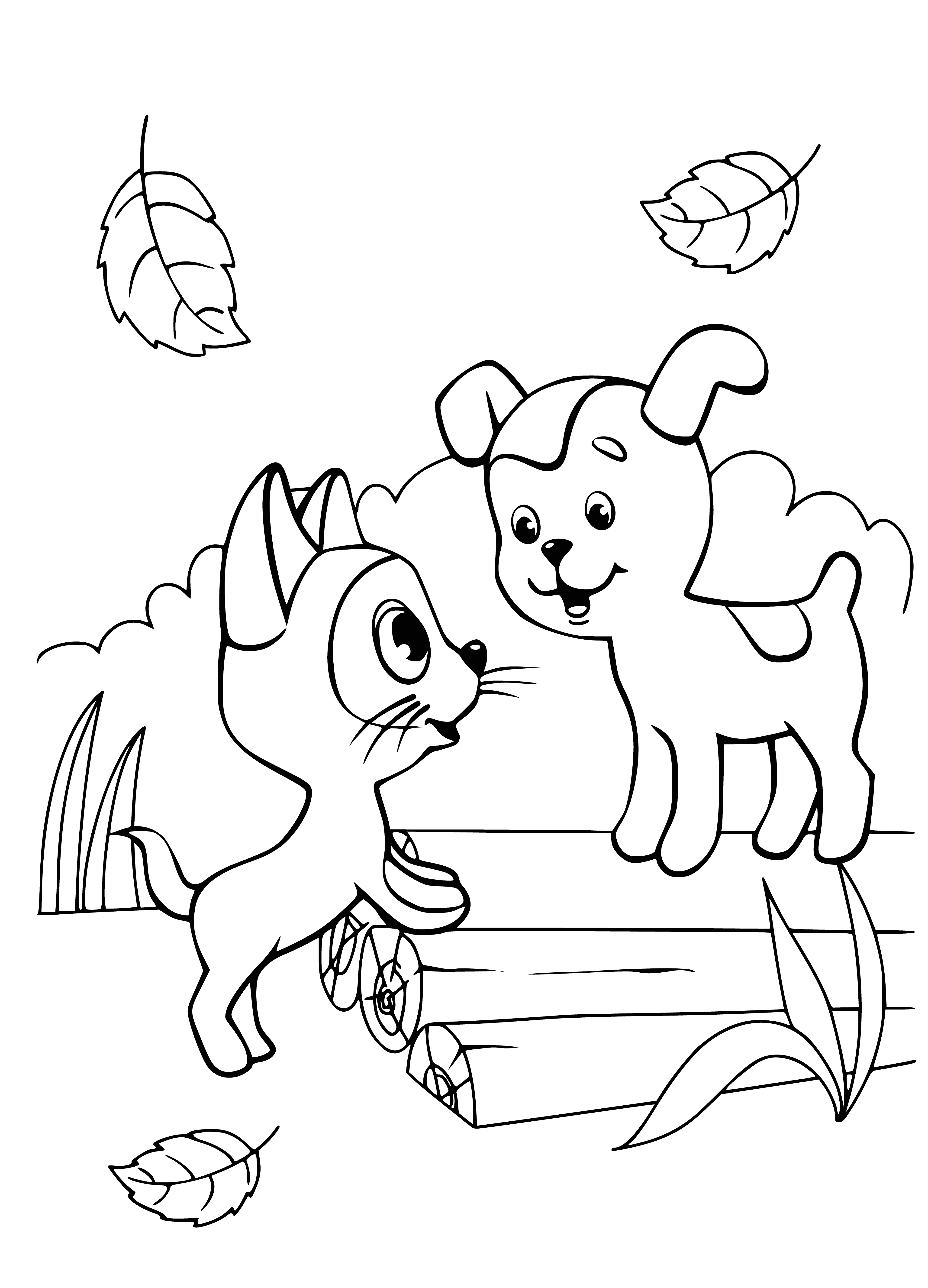 coloring page: Kitten Woof and puppy Sharik sit facing each other, Woof open-mouthed, ready to speak.