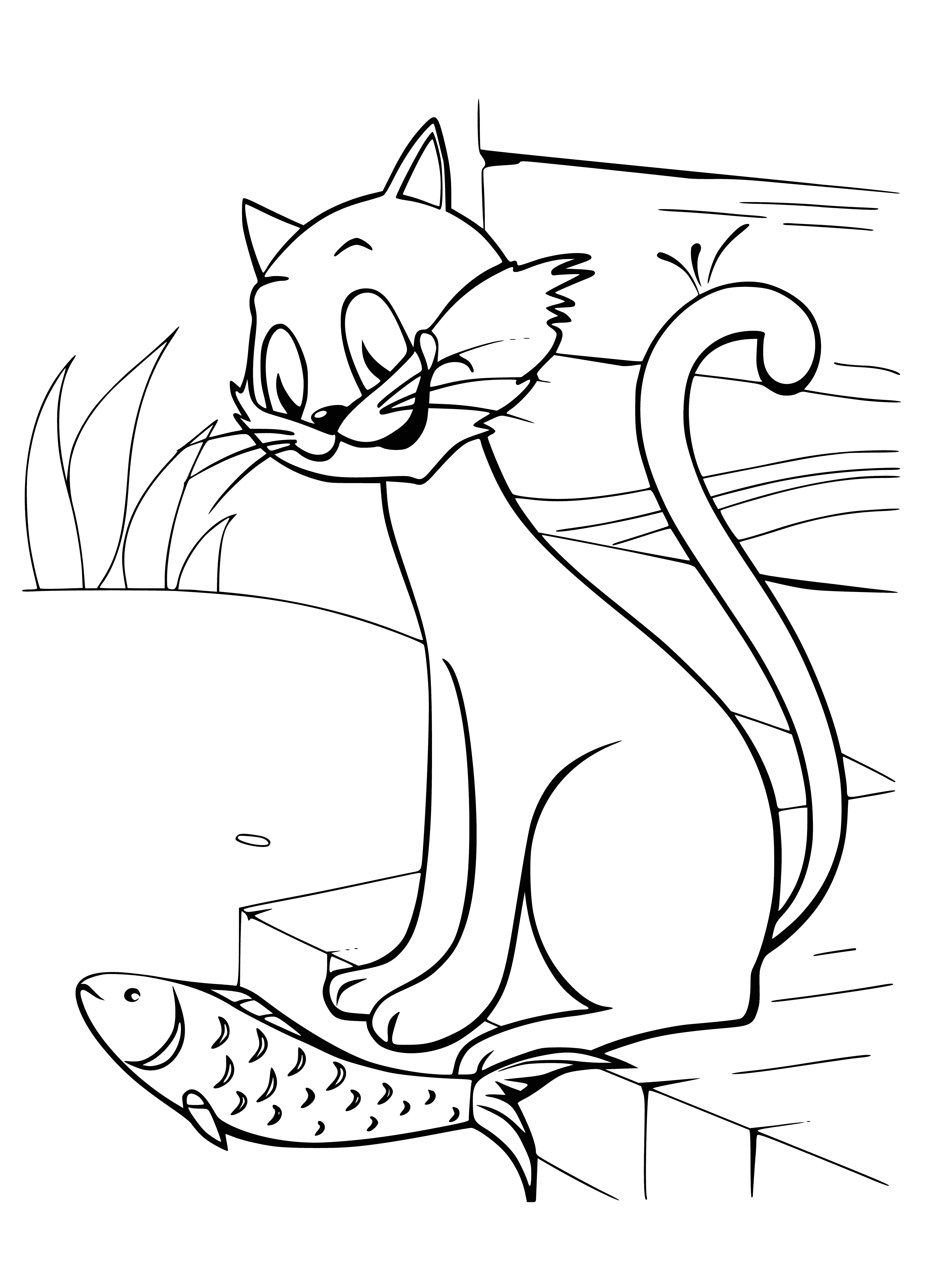 coloring page: Colorful kitten sits in front of bowl of fish, looking at camera with green eyes, white fur with black spots.