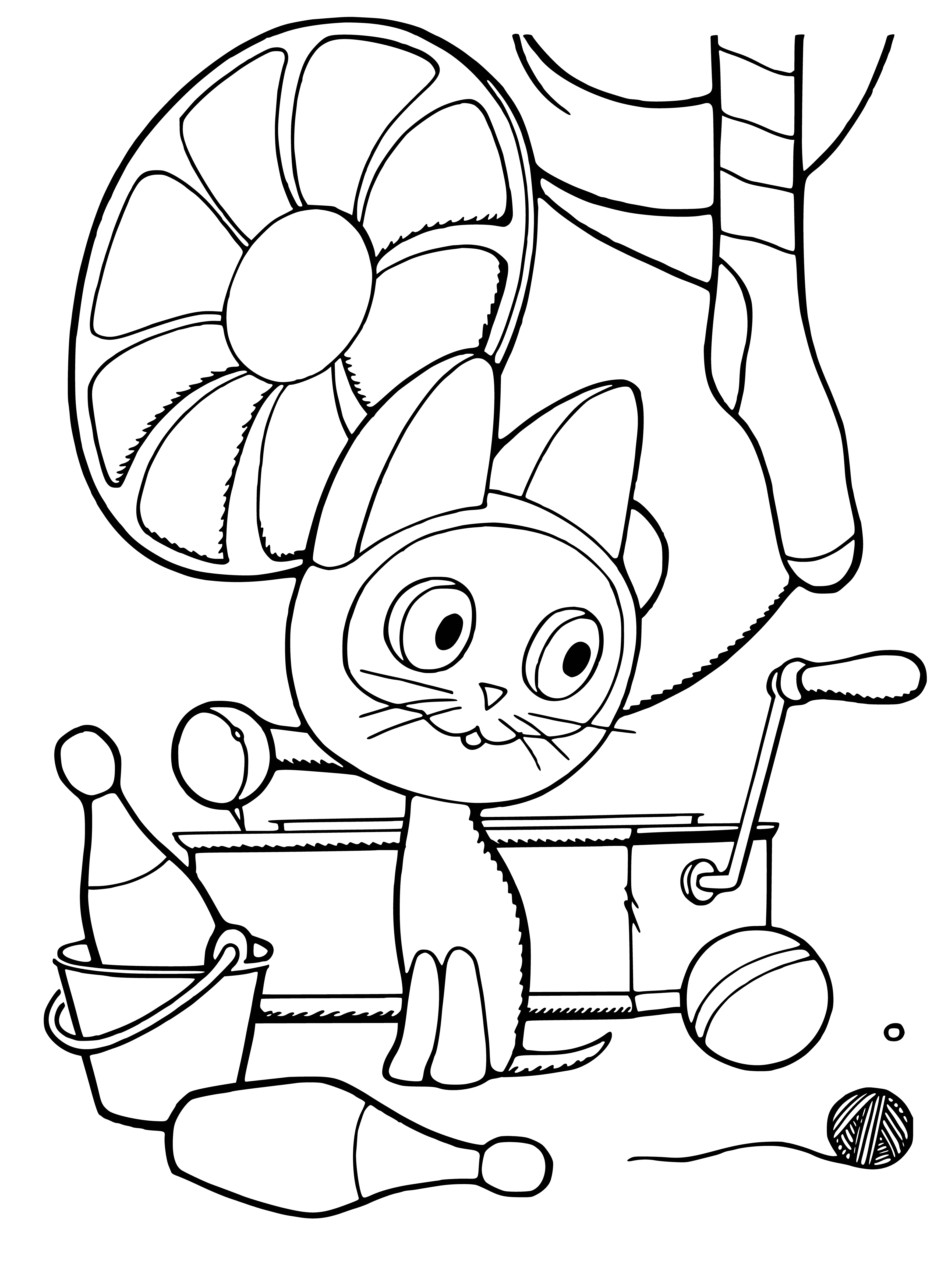coloring page: Silver and white kitten Woof is in an attic with a red blanket and window.