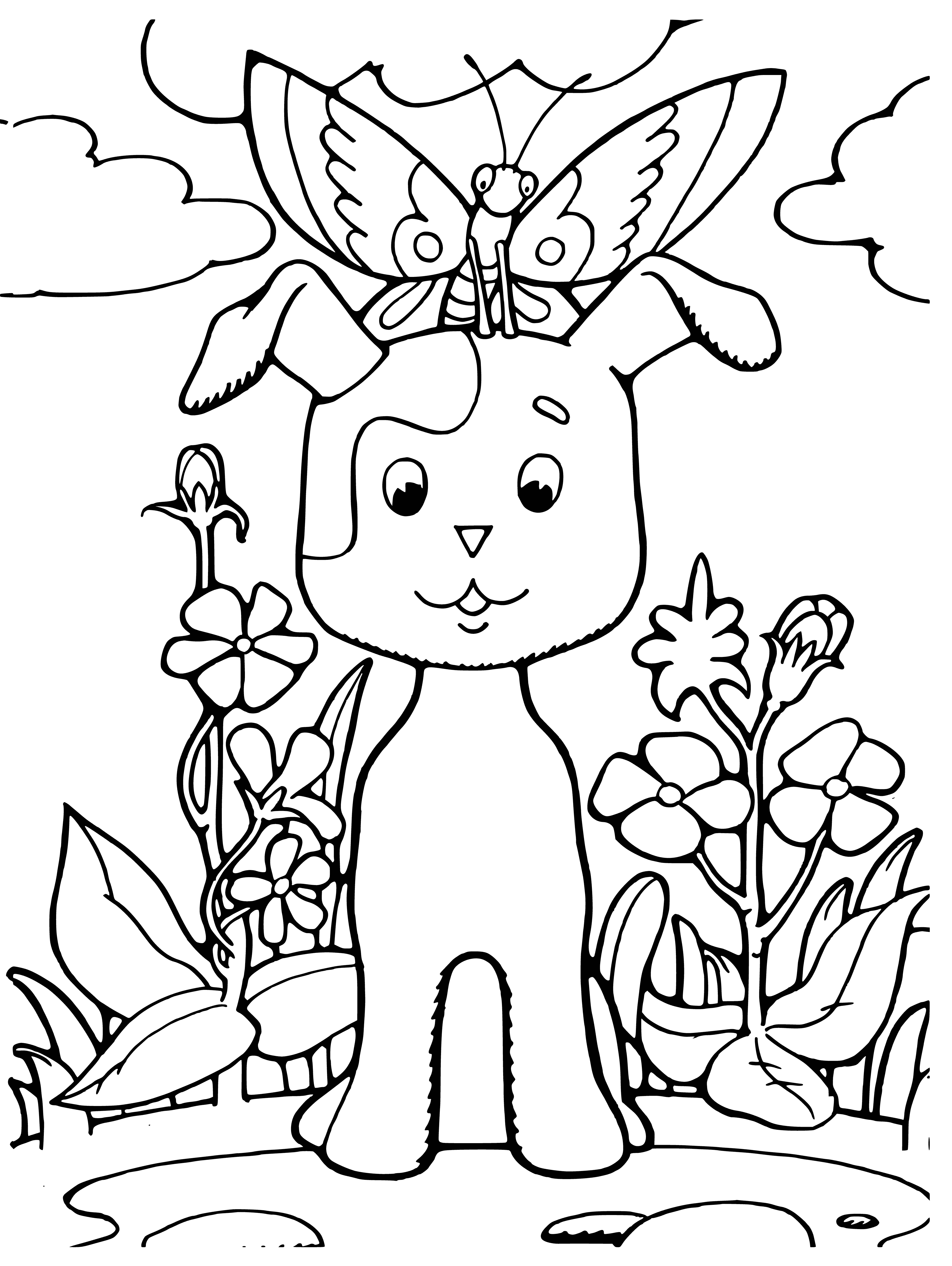 coloring page: A small, fluffy kitten with big blue eyes perches atop a purple ball, looking down with a yawn.
