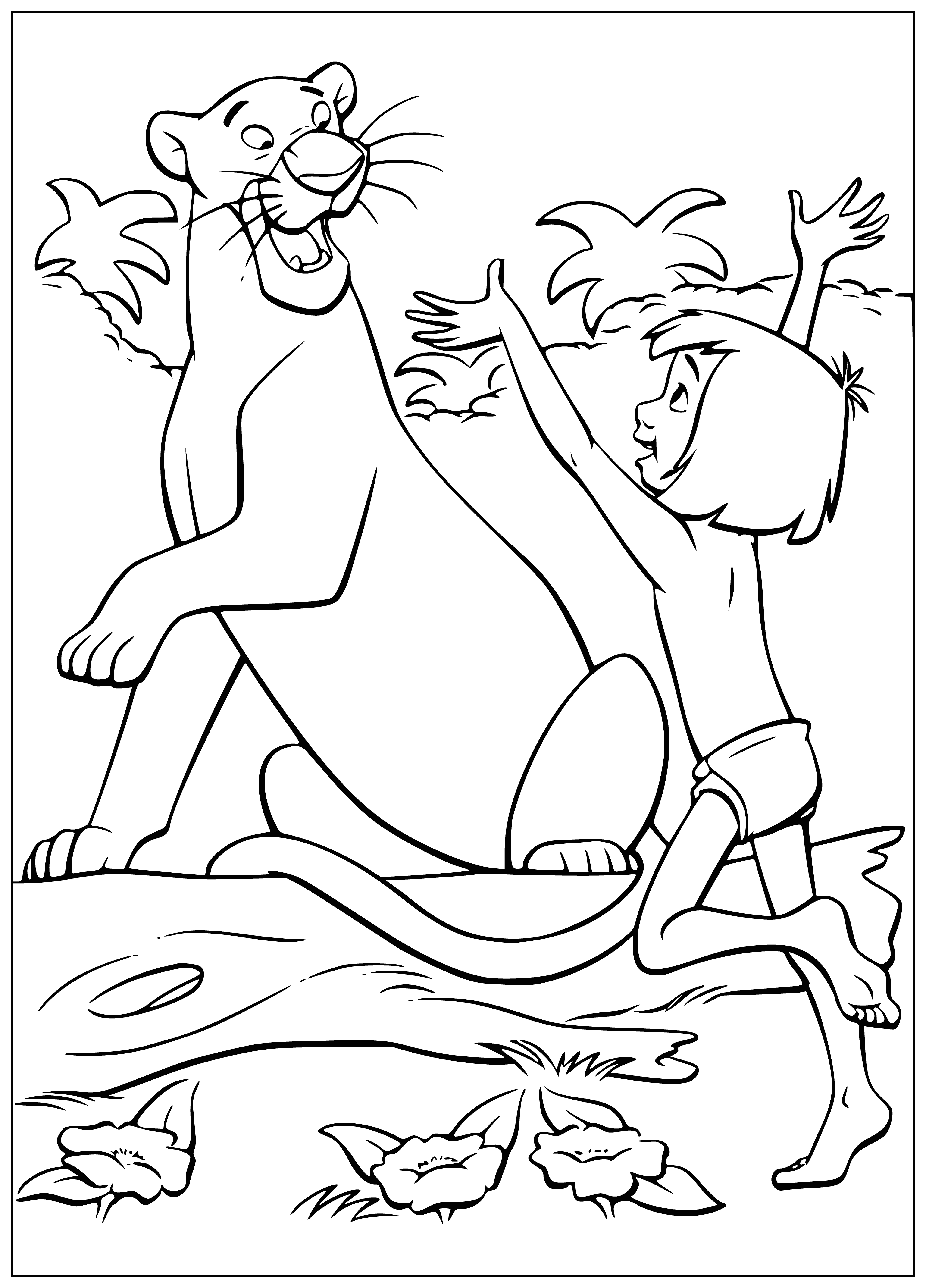 coloring page: Friends Bagira and Mowgli watch something in the distance while sitting on a tree branch.