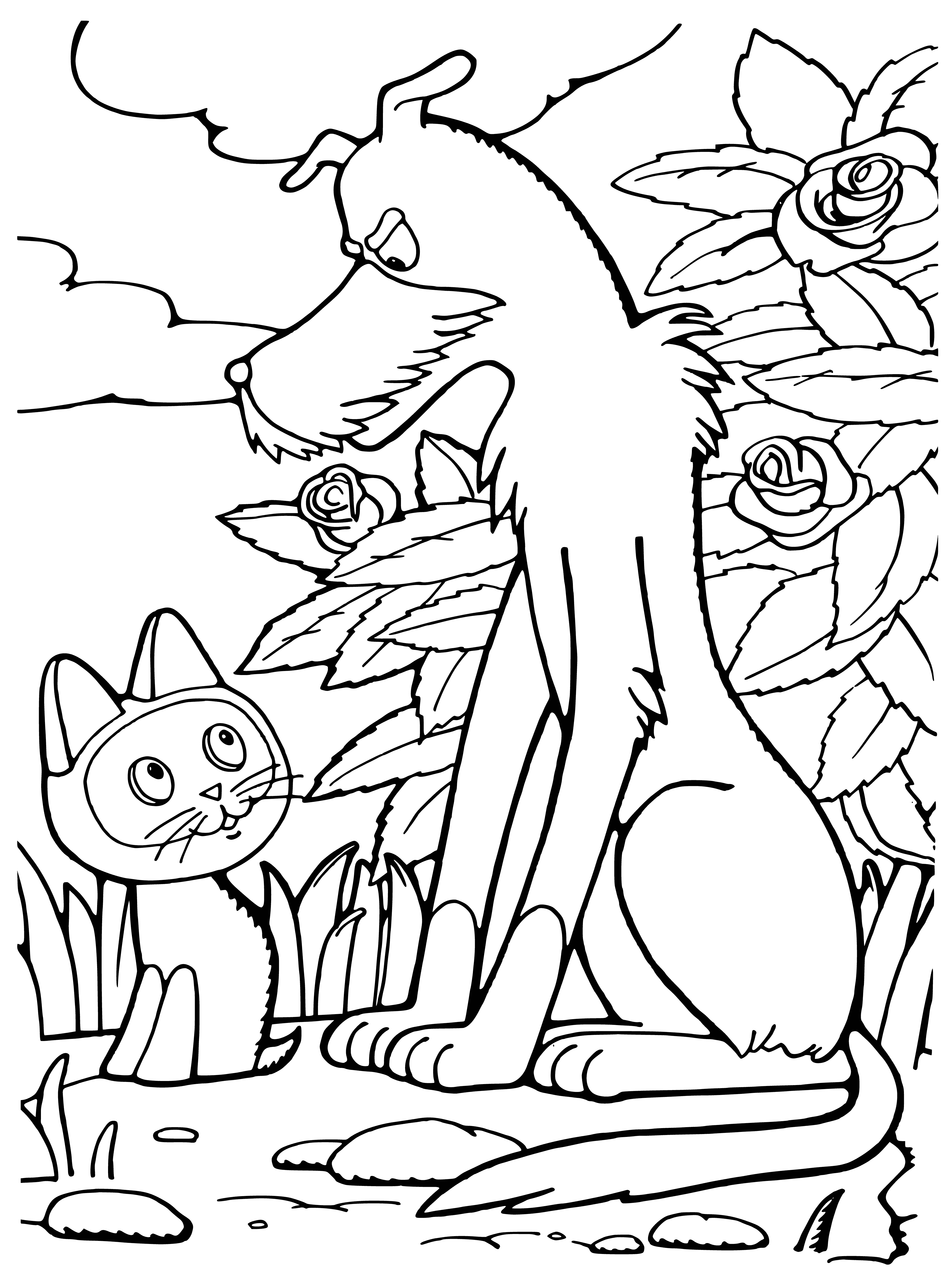 coloring page: Kitten in coloring page is gray/white, pointy ears, looking at camera.