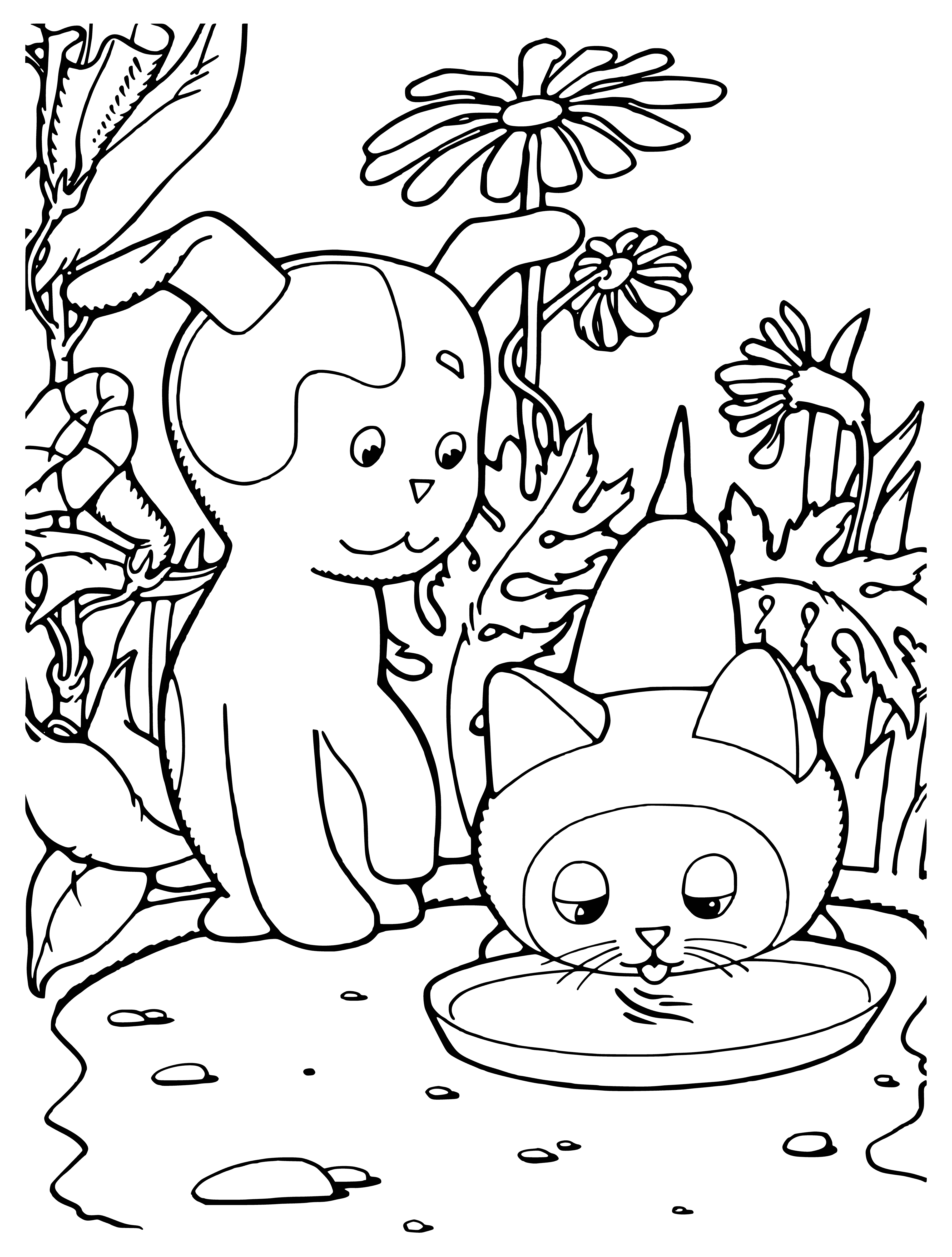 coloring page: Two kittens, one looking with blue eyes, one laughing with brown fur. Paws on the ground, meow & laugh.