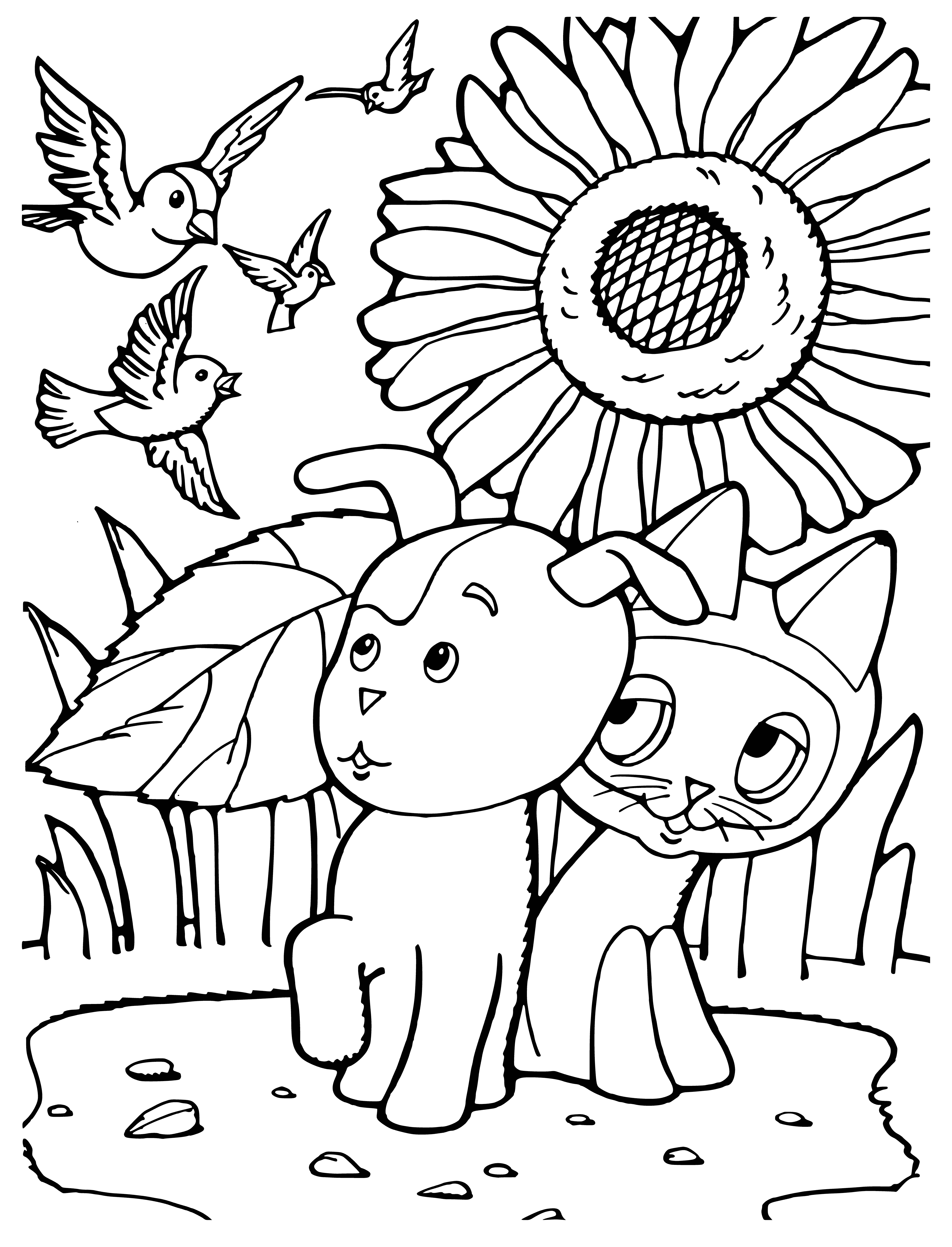 coloring page: Two kittens, one gray and white, one brown and white, sit side-by-side as if sleeping. Coloring page for all ages!