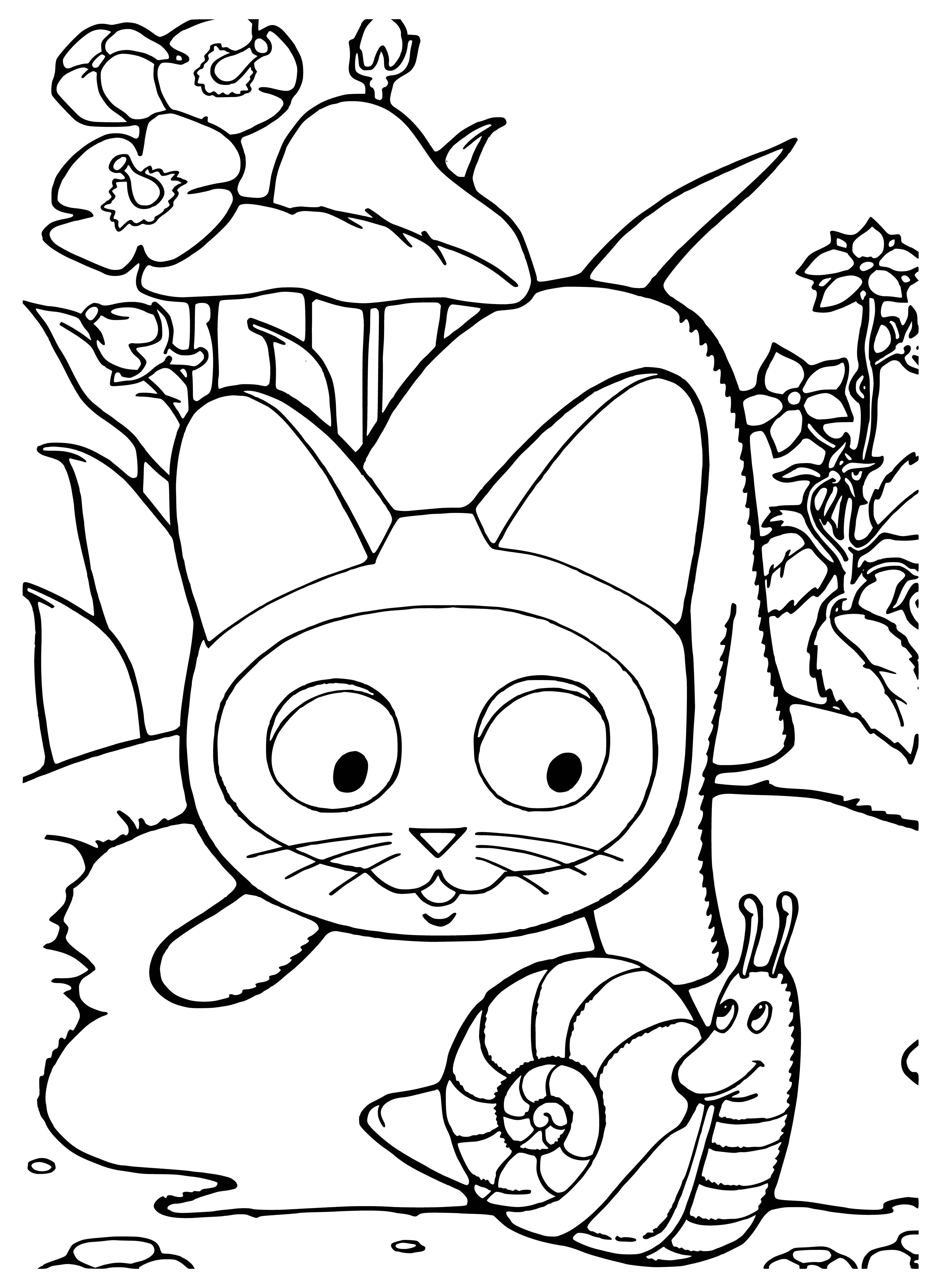 coloring page: Grey & white kitten w/big blue eyes, white face/belly/paws, & grey back/tail/ears.