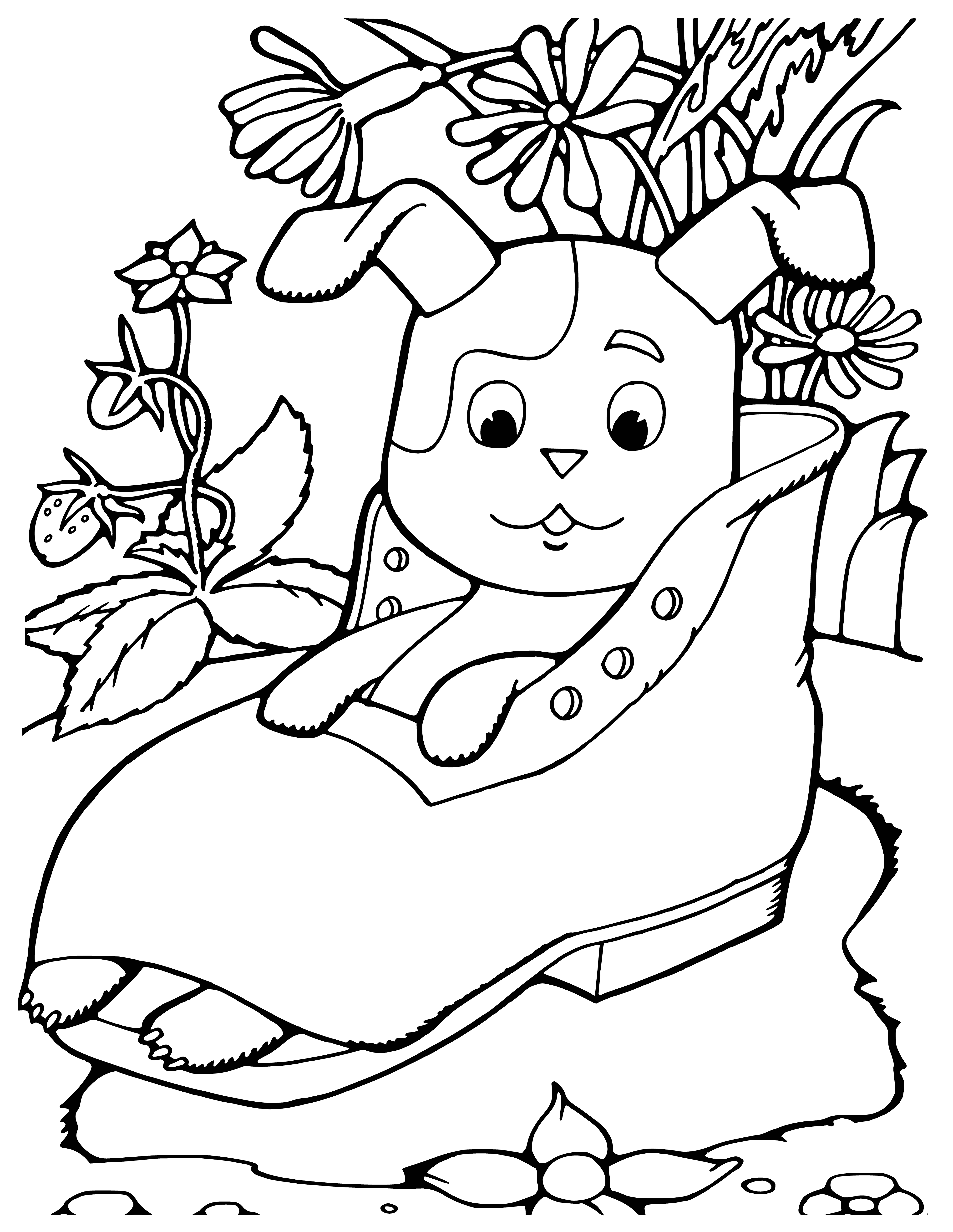 coloring page: Adorable kitten named Woof Ball colors and plays with a ball; it's small and fluffy with white fur and blue eyes.