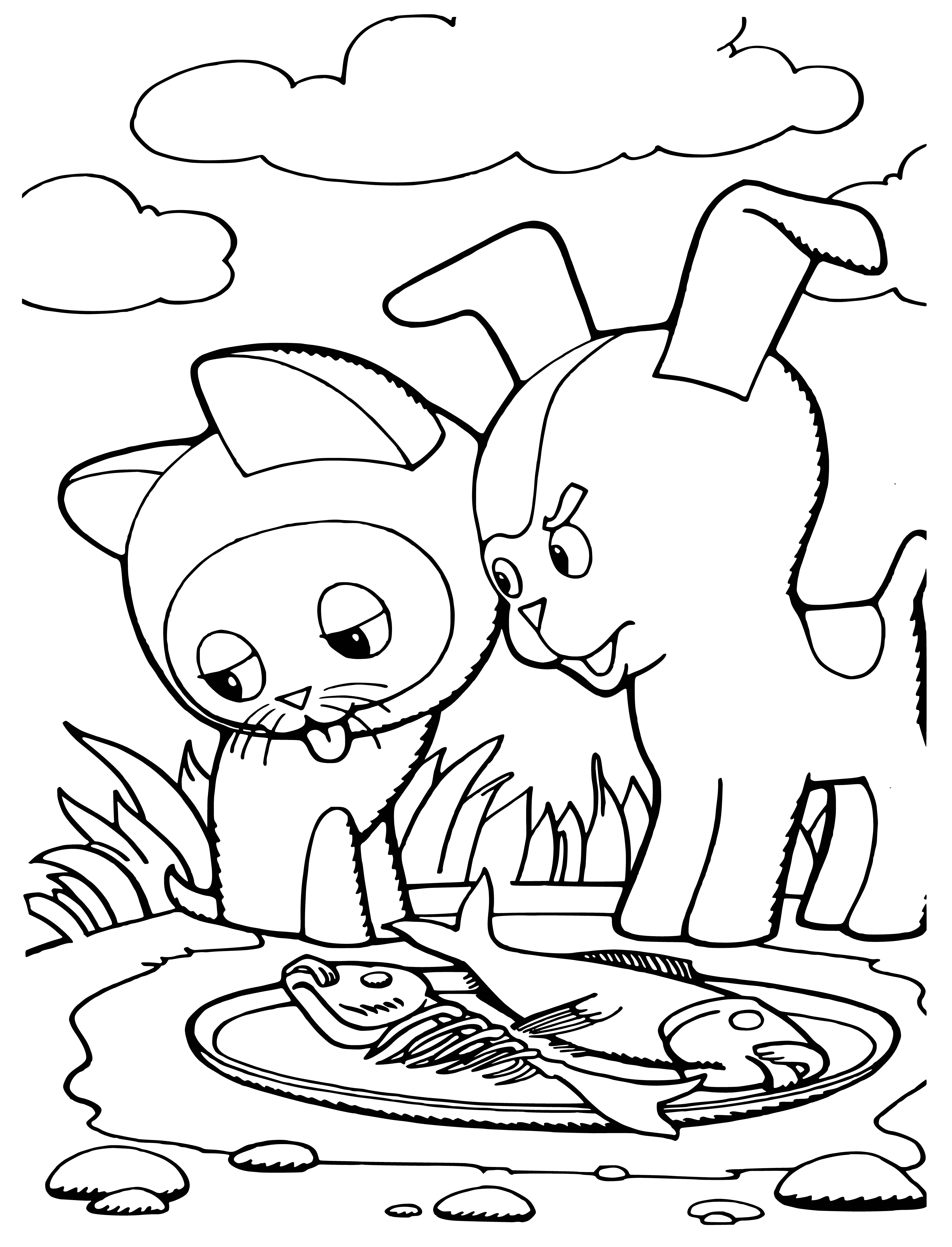 coloring page: Kitten opens wide ready to feast on breakfast of toast and eggs, background is white.