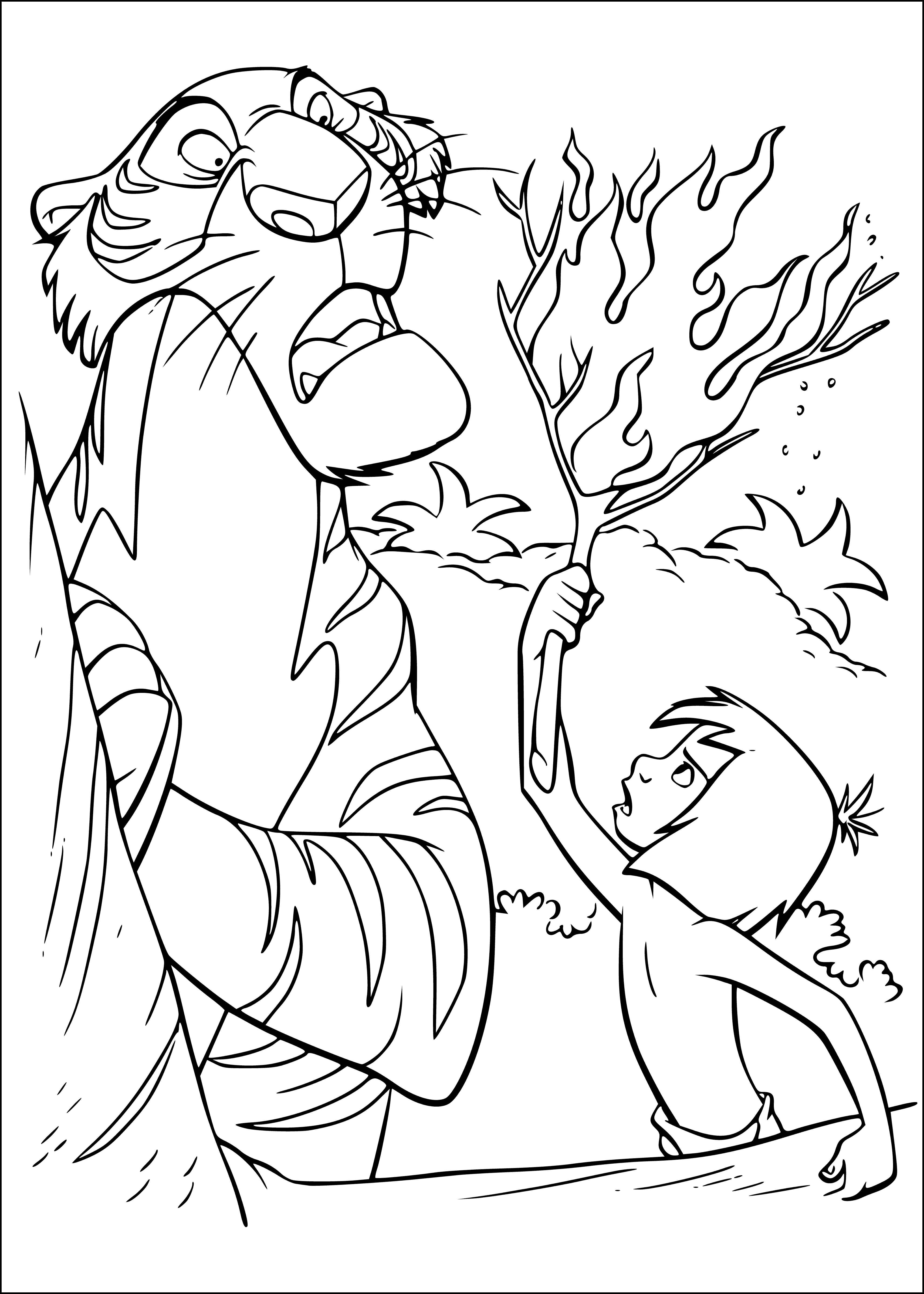 coloring page: Boy stands in front of a fire & holds a stick, looking at the flames. #coloringpage