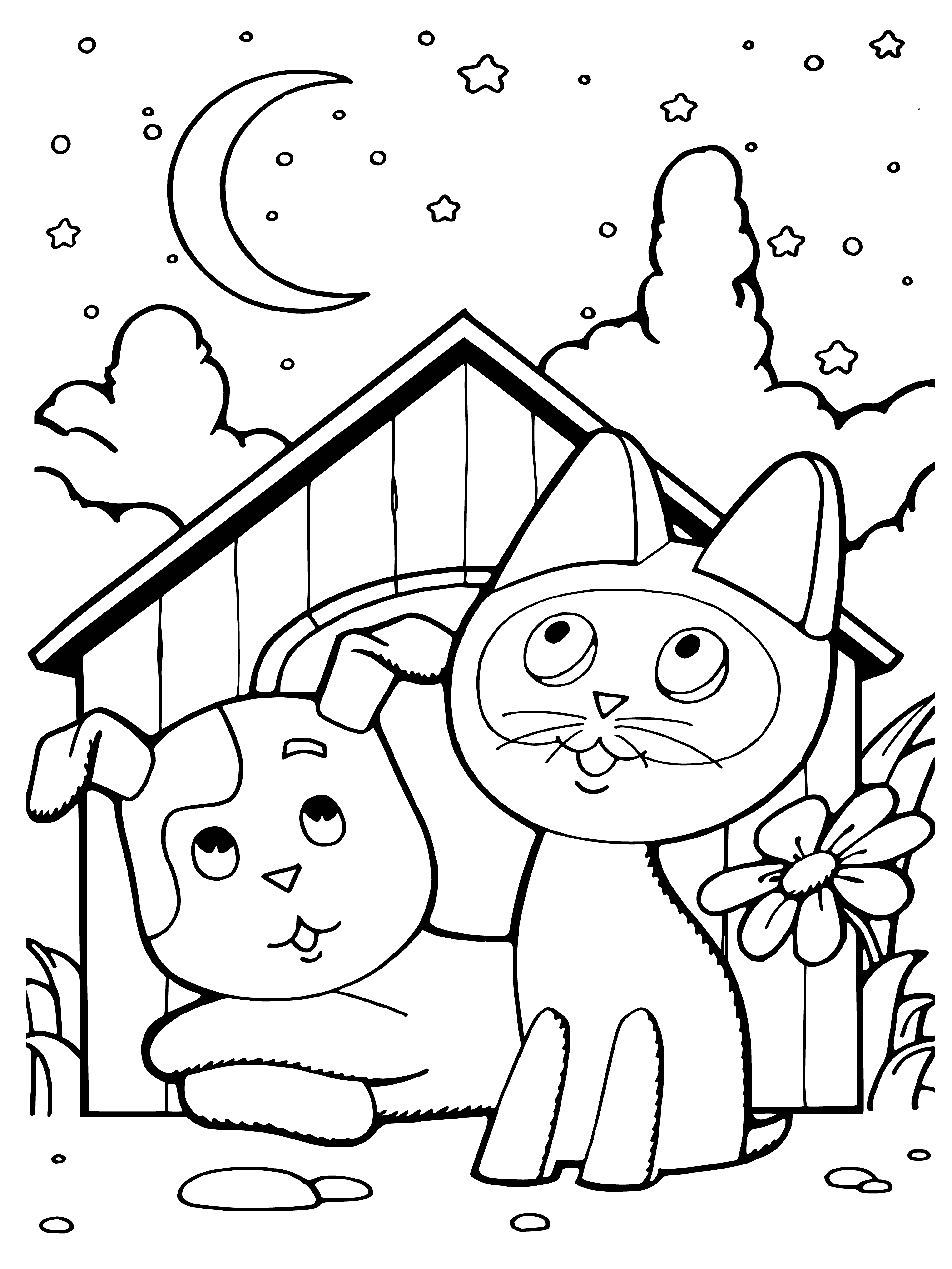 coloring page: A small light kitten and large dark cat, both with spots. The kitten meows. #cats #kitten #coloringbook