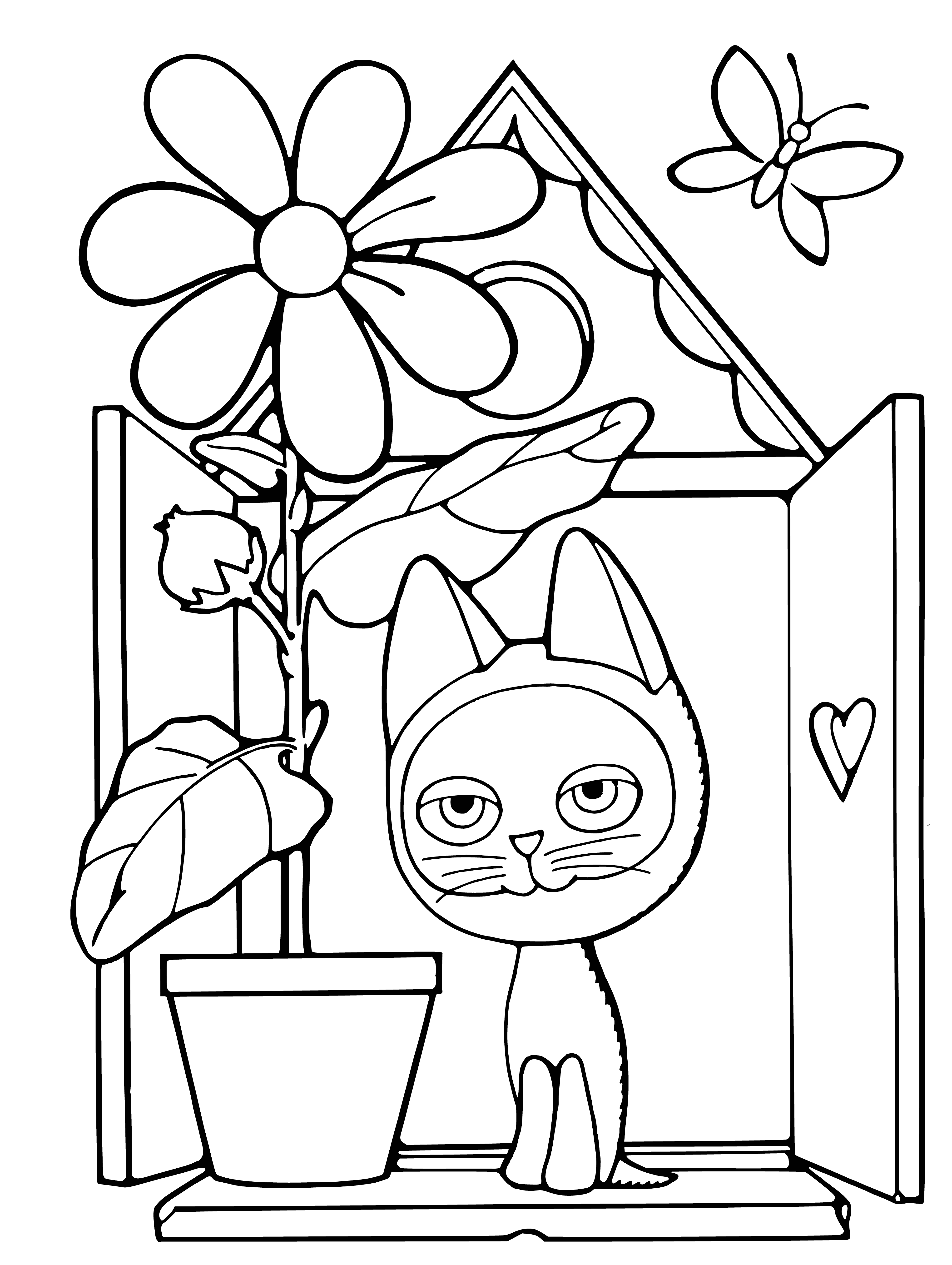 coloring page: Small white fluffy kitten with big blue eyes and black nose, snuggled up on brown/white blanket.