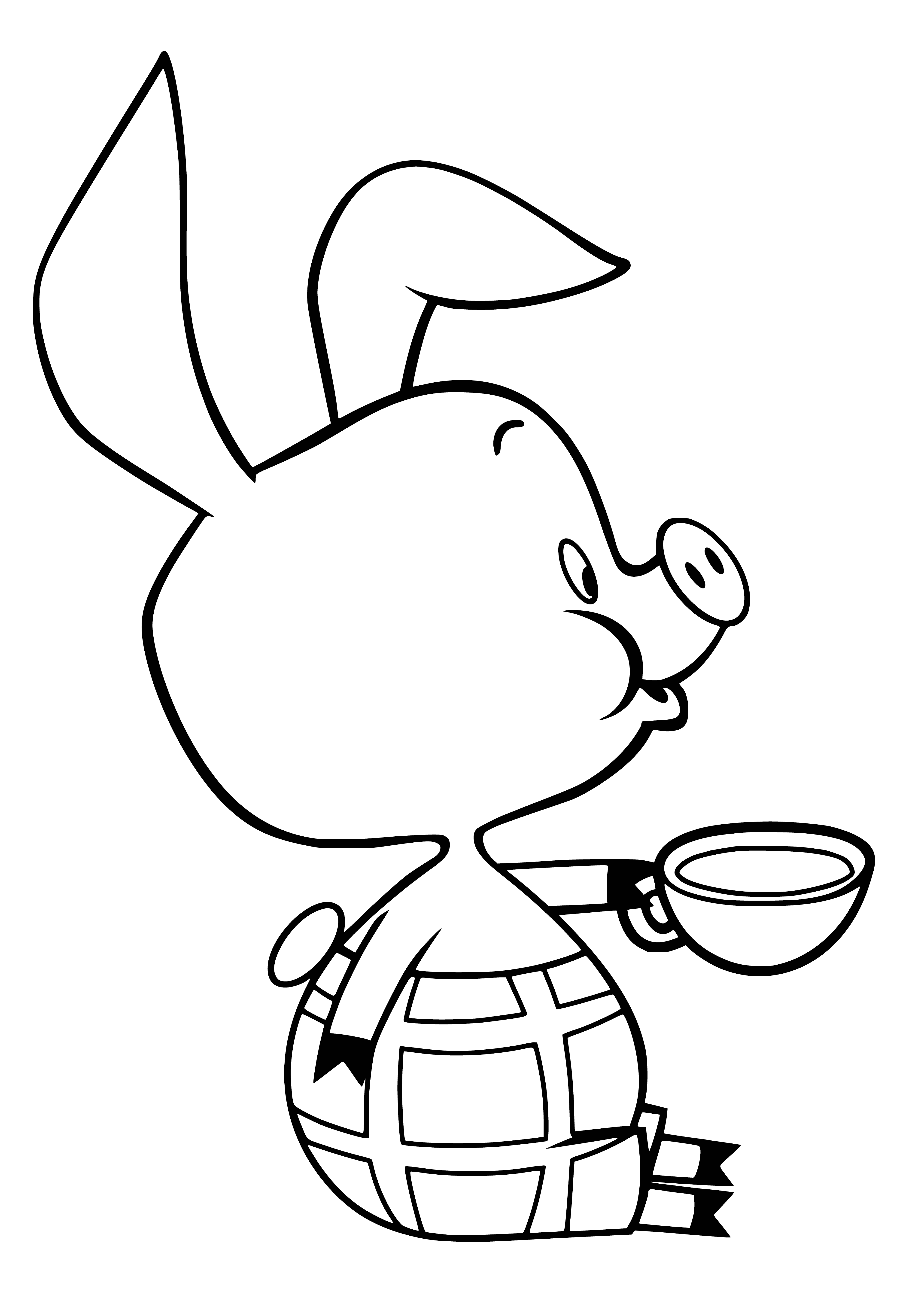 coloring page: Small pale pink piglet with black eyes wearing a red scarf. Curly tail and two hooves. Nose is tiny and black.