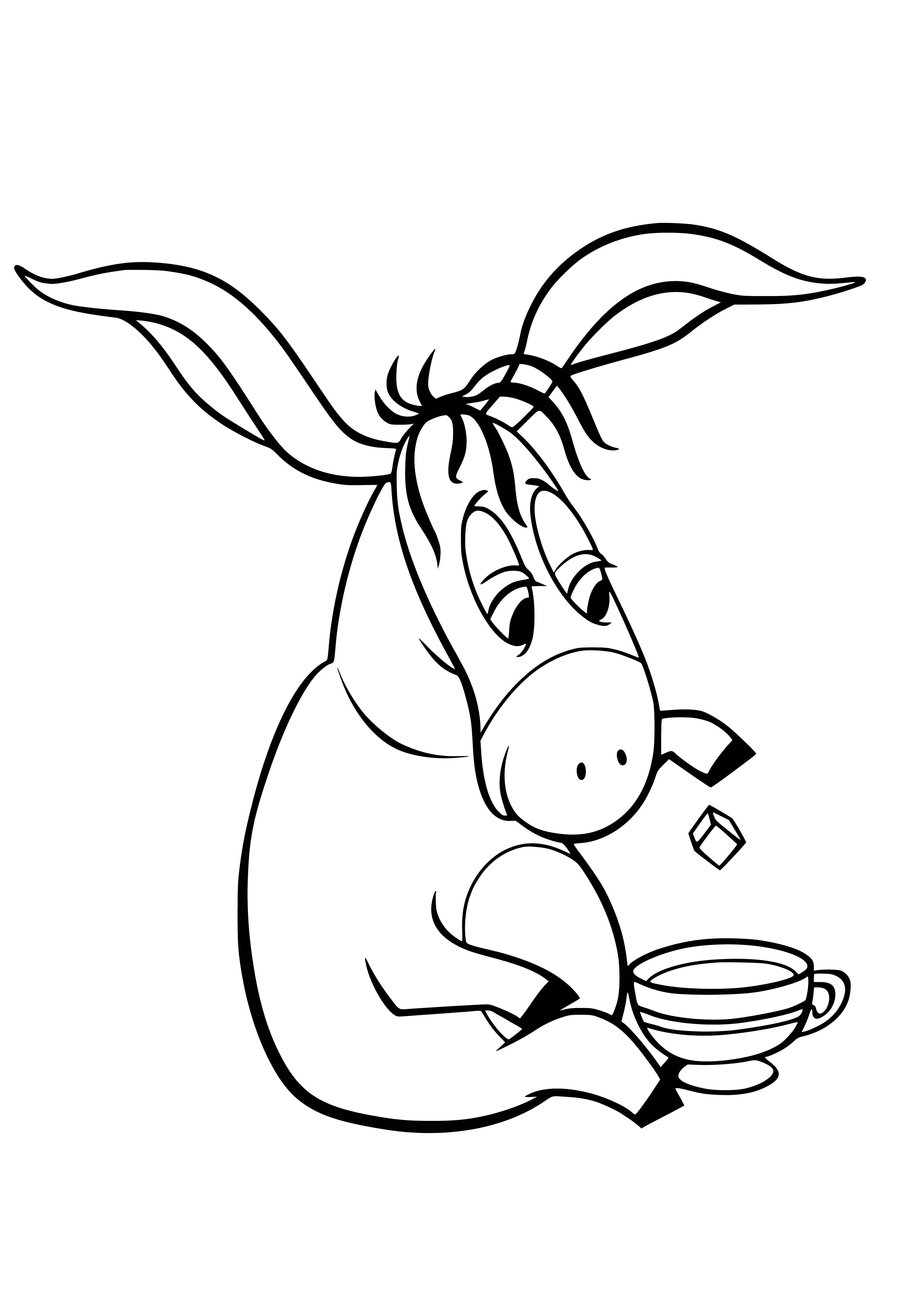 coloring page: Winnie the Pooh gives the donkey a big hug, the donkey has a blue and yellow blanket.