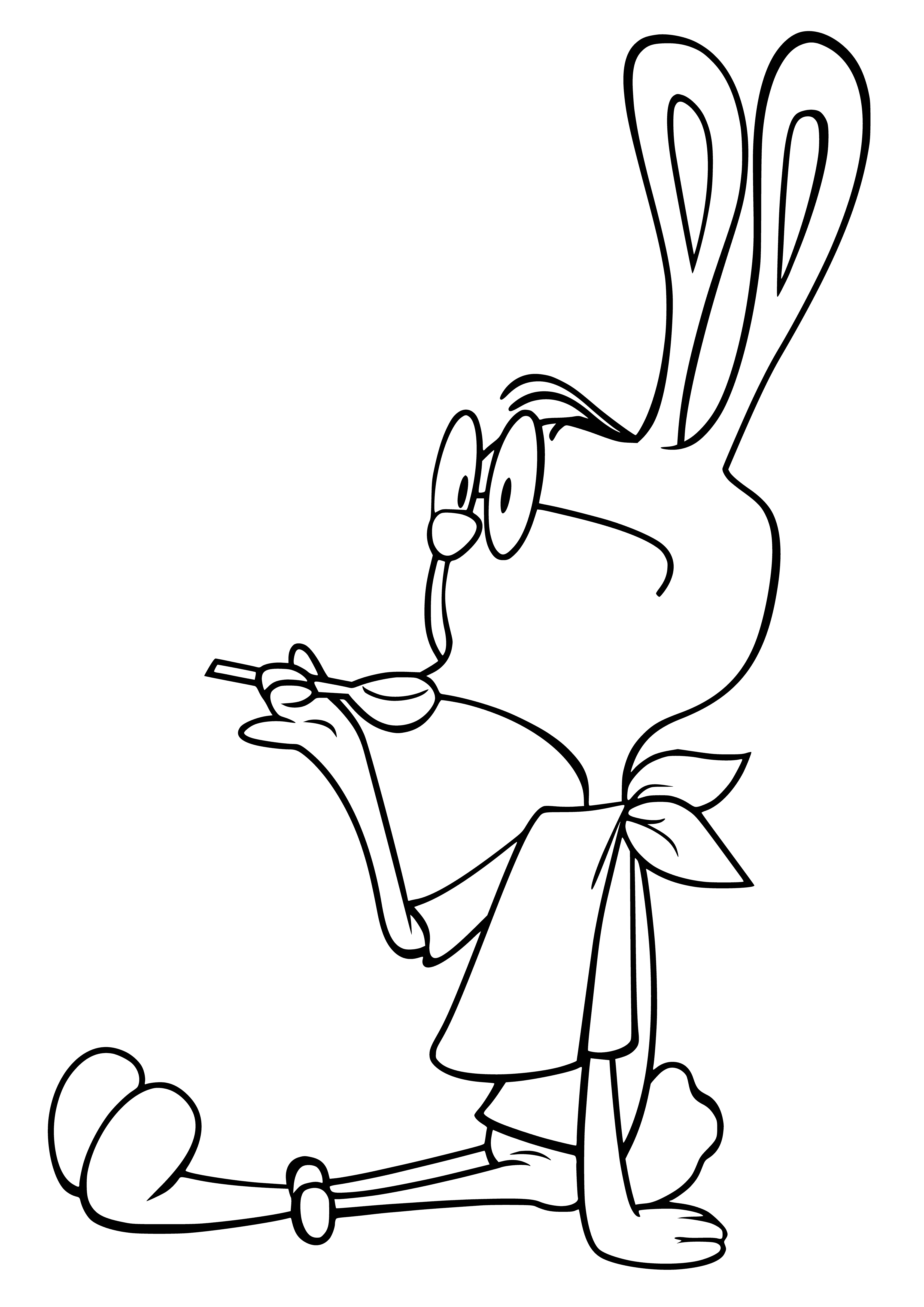coloring page: Cartoon rabbit wearing red shirt and blue jacket holding yellow balloon in front of house.