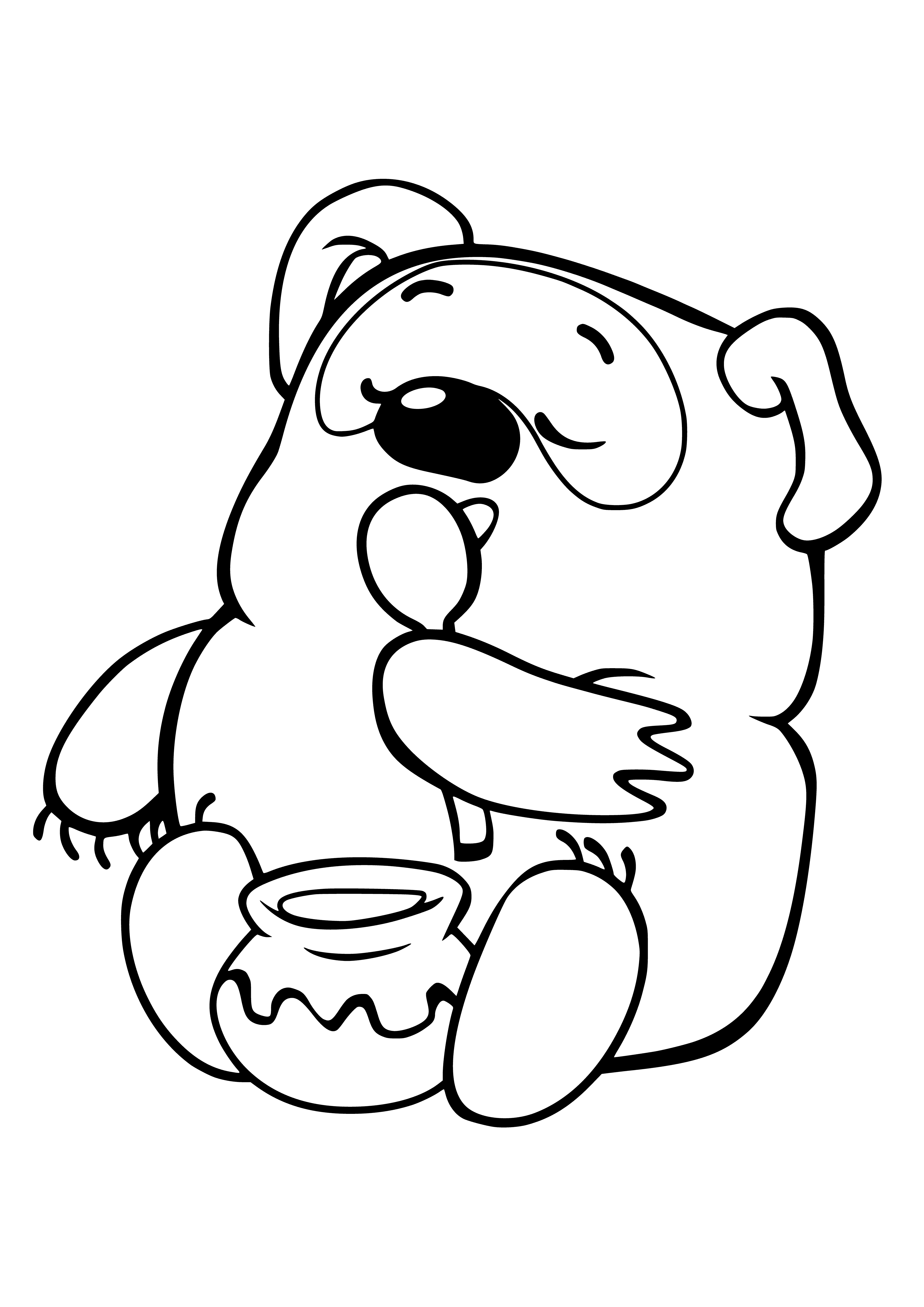 coloring page: Winnie the Pooh is joyfully eating honey from a jar, looking content and smiling.