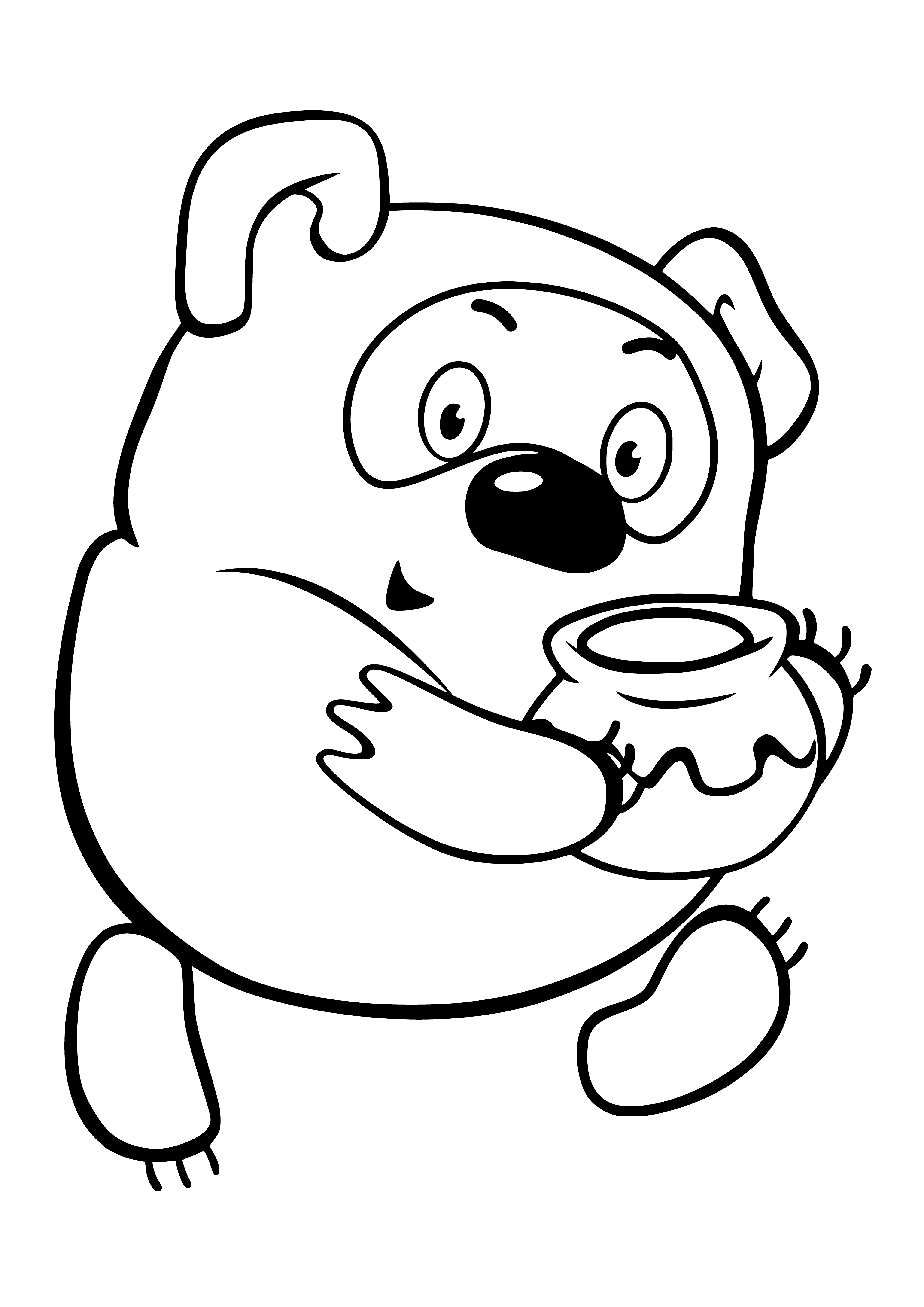 coloring page: Little bear sits in front of a tree eating honey from a pot. He wears a red shirt and blue jacket.