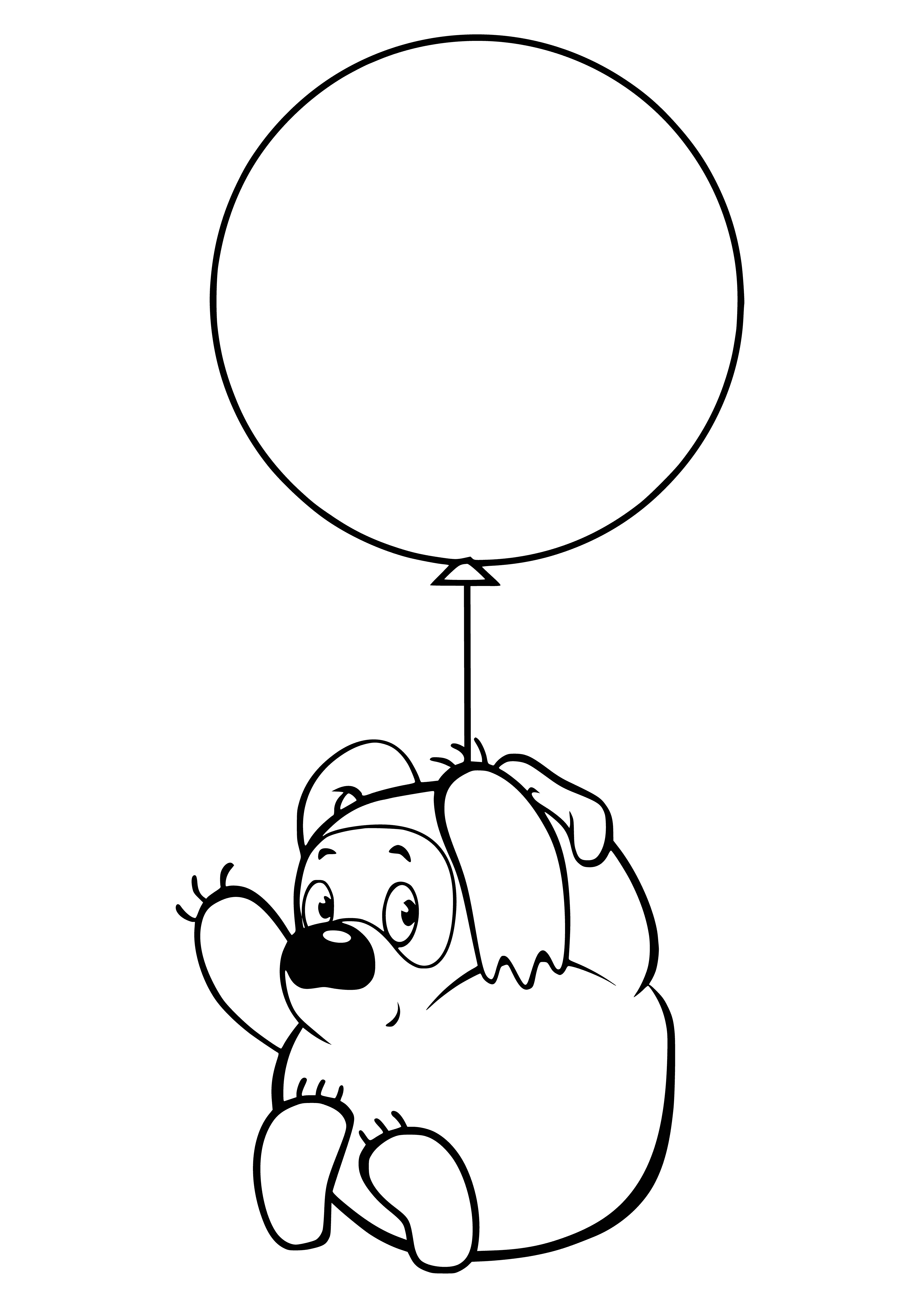 coloring page: A brown bear trying to pop a big red balloon with its mouth, twisting its body in the attempt.