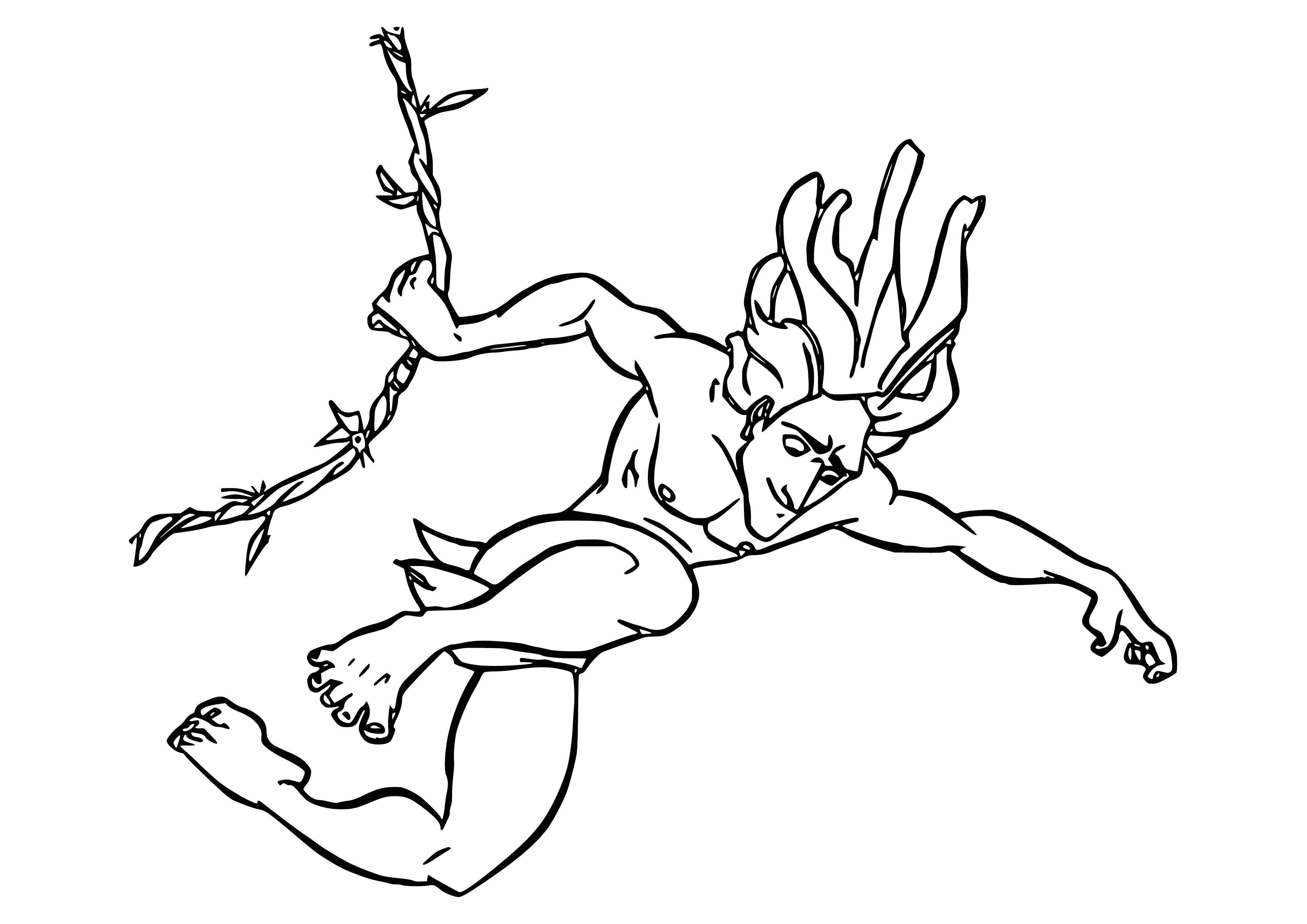 coloring page: A man of African descent swings on vines in a jungle, wearing a loincloth and with a knife at his waist. His long dark hair flows behind him as he grabs onto another vine mid-air.