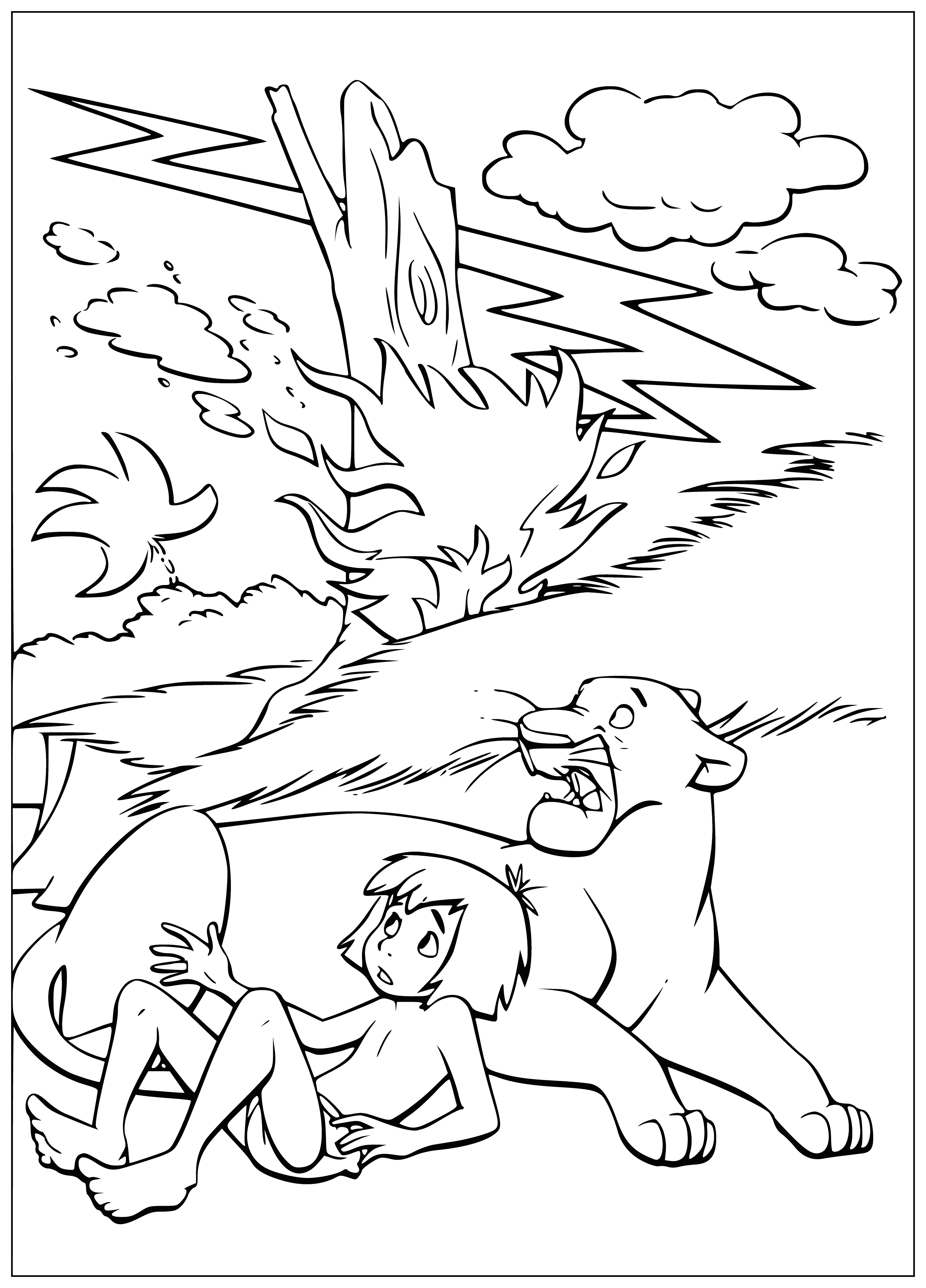 coloring page: Lightning strikes a tree in the jungle, engulfing it in flames, illuminating the surrounding trees and curling smoke into the air.