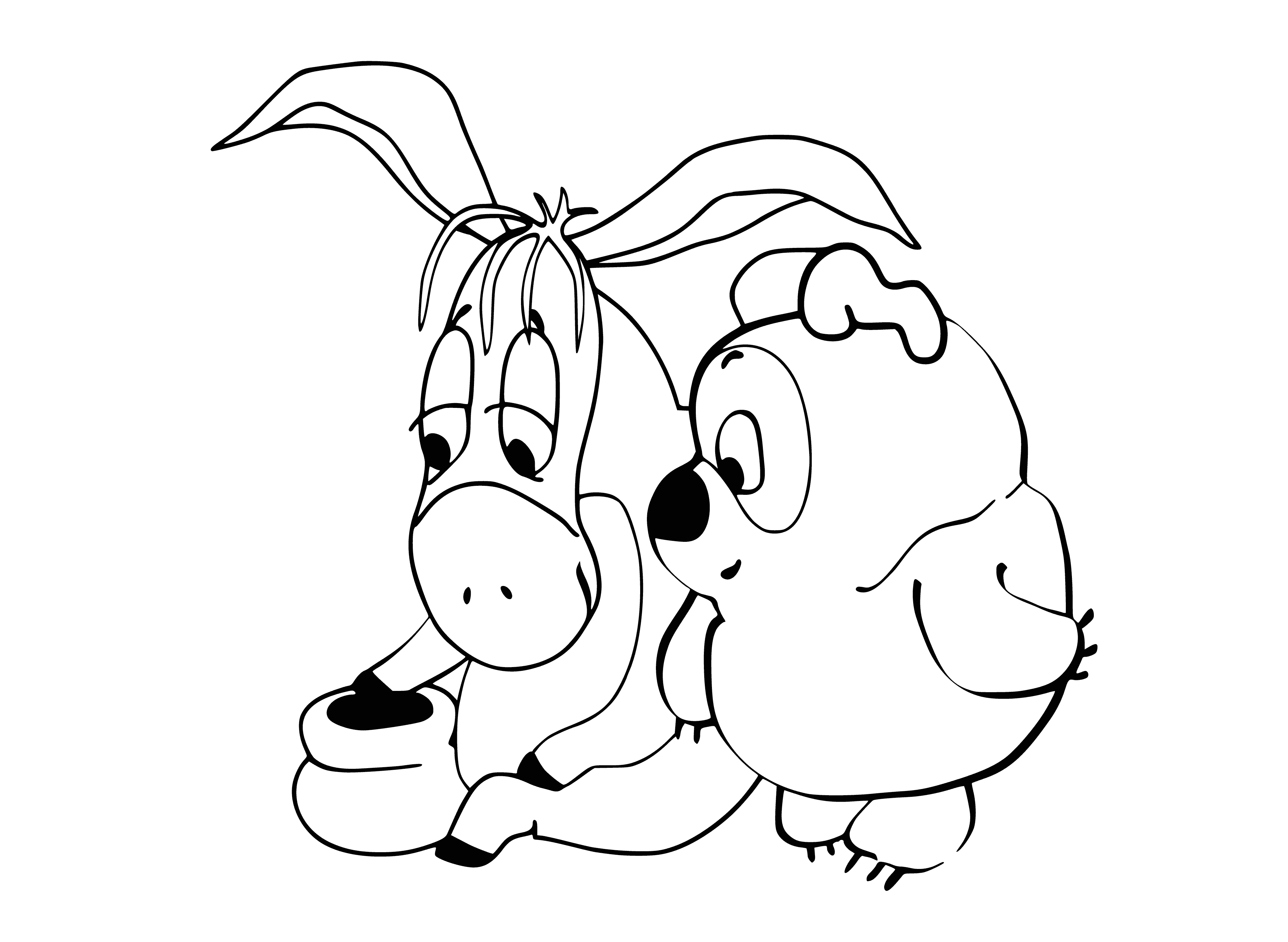 coloring page: Coloring page with Eeyore (gray donkey) and Winnie the Pooh (yellow bear) standing face-to-face, ready to be colored.