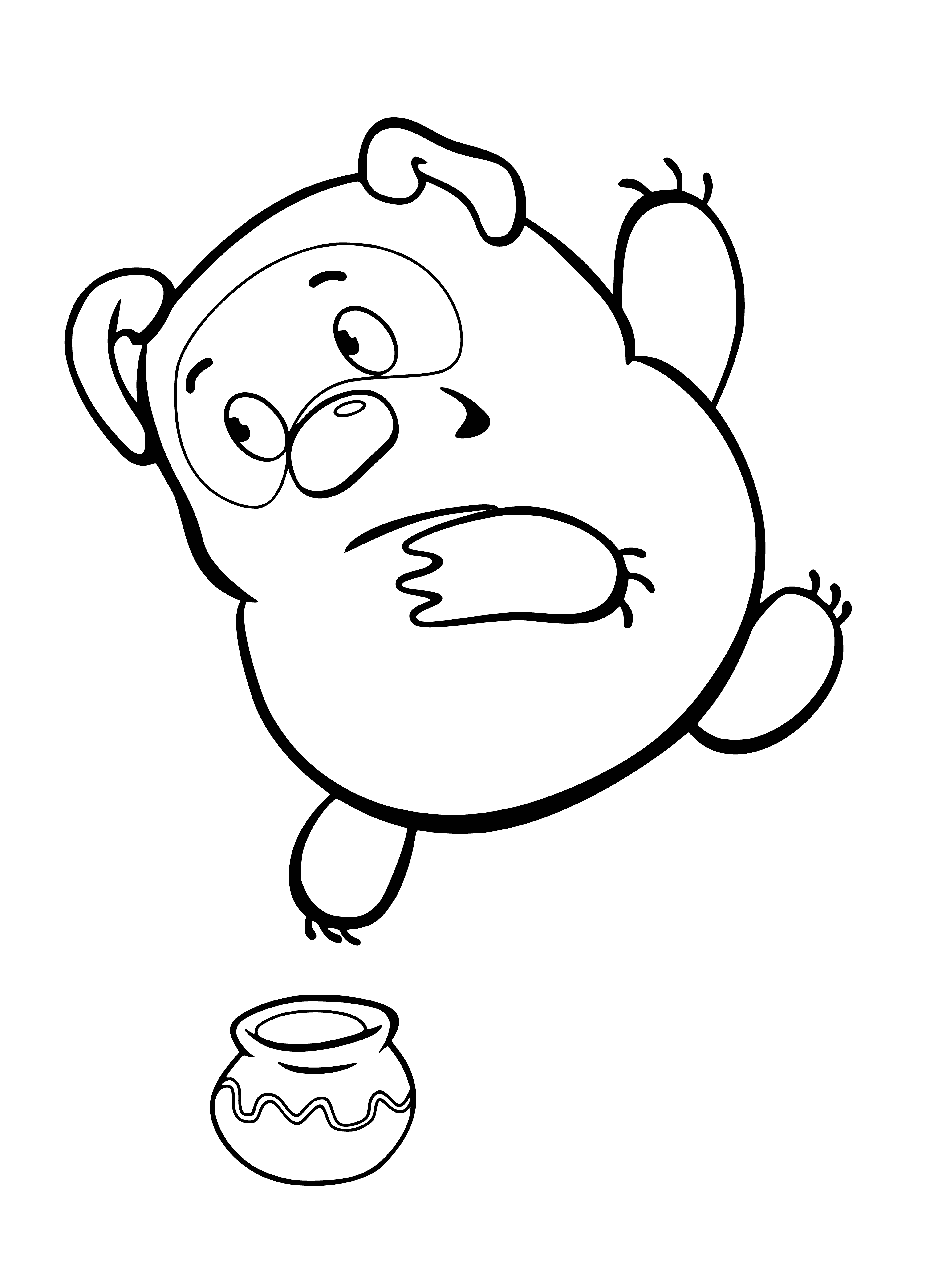 coloring page: Winnie the Pooh stands happily next to a big pot of honey, his front paws and big smile ready to enjoy his sweet treat.