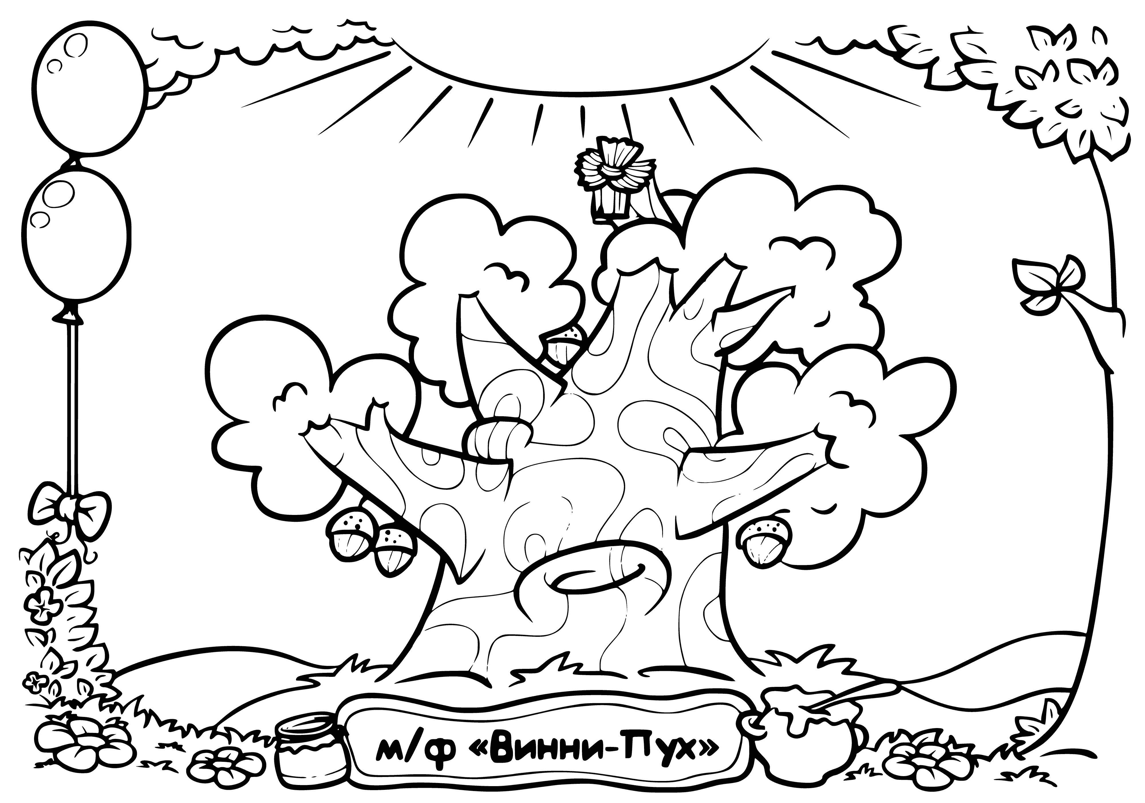 coloring page: A big tree with a hole in it, a ladder, and a wooden house on its platform. Bees, flowers and branches near by.