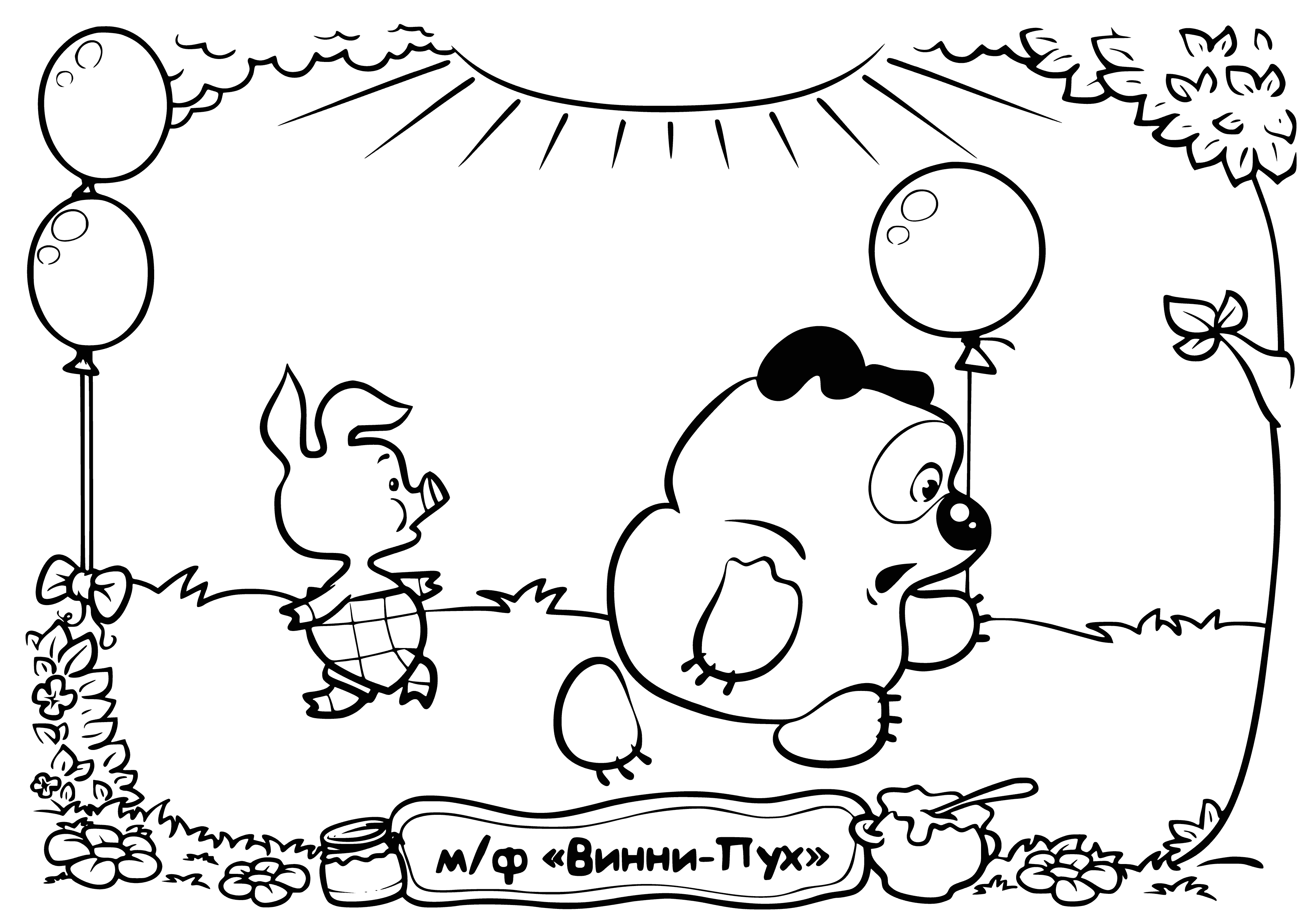 coloring page: Bear & pig sit together; bear has happy expression,pig looks worried.