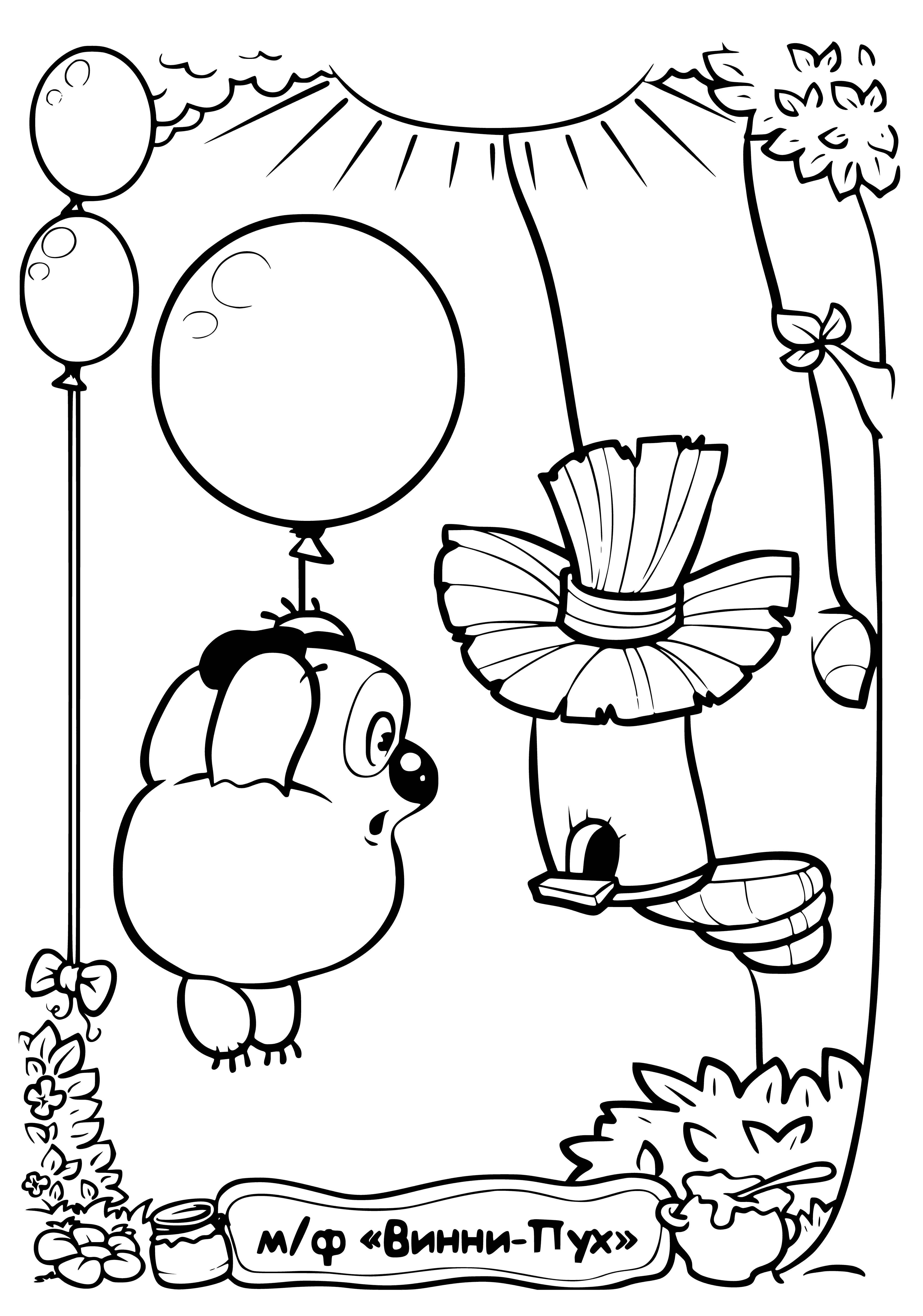 coloring page: Pooh is joyfully flying on a balloon, looking up at a blue sky with white clouds.