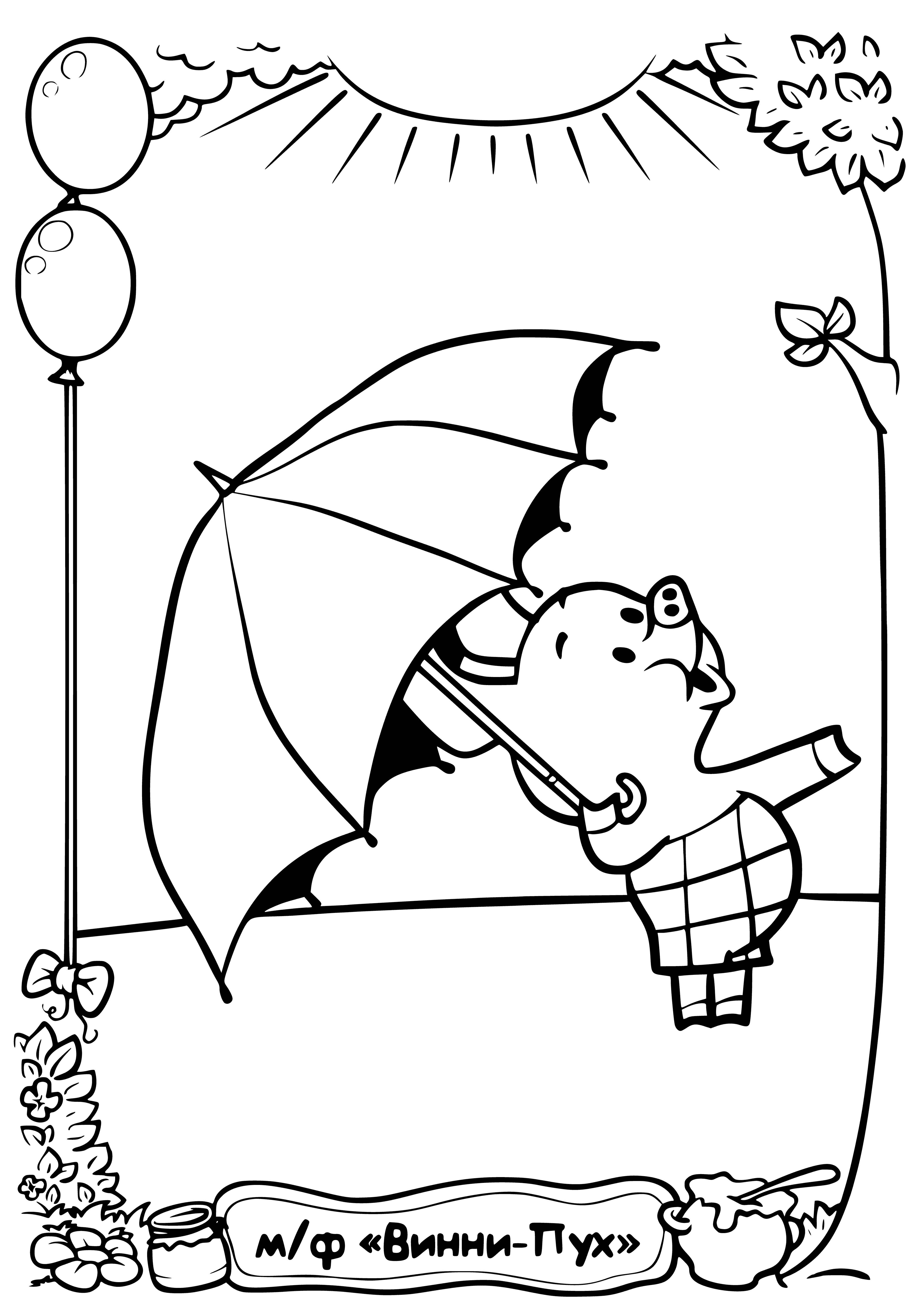 coloring page: Winnie & Piglet standing under umbrella, Winnie holds it & Piglet's hand; Piglet looks up at Winnie.